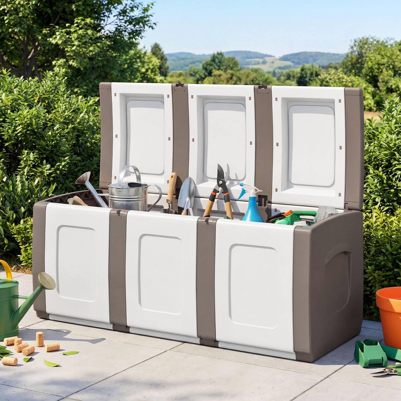 Alt View 3. Gymax - Gymax Deck Box Patio Container w/ Lockable Lid Weatherproof Plastic Storage Bin Brown & White - Brown.