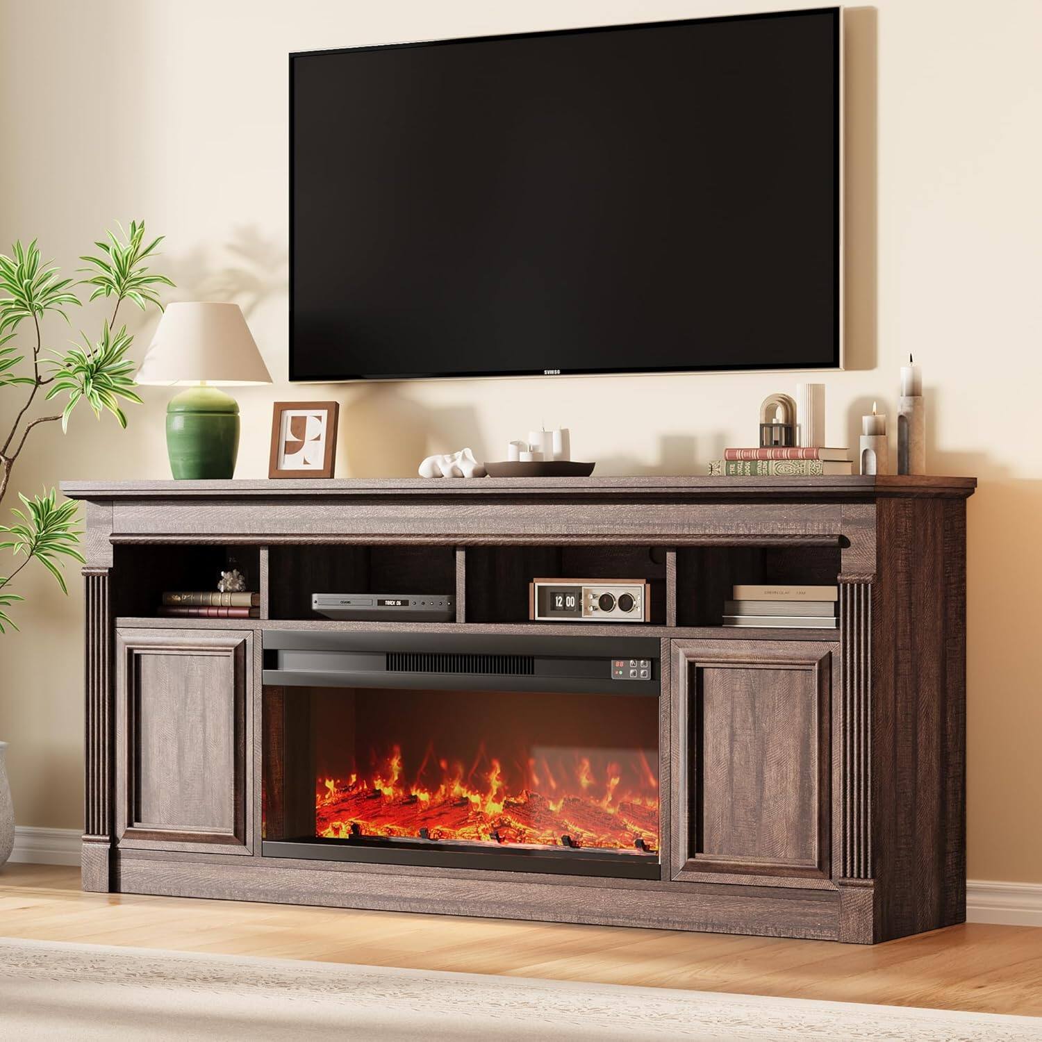 Front. Homhougo - 68" Farmhouse Electric Fireplace TV Stand, Entertainment Center with Open Storage Cabinets for TVs up to 75", Media - Brown.