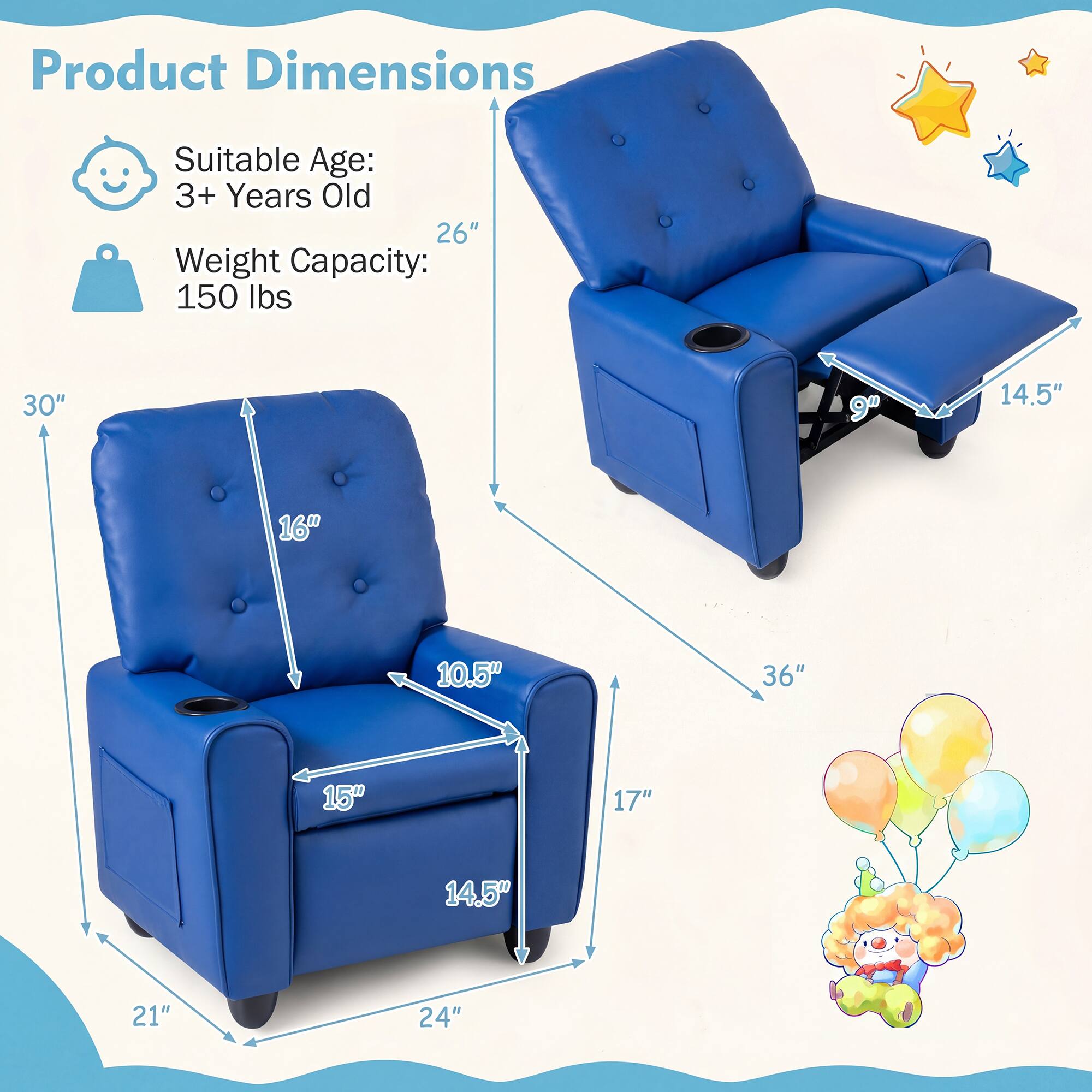 Product Dimensions  
Suitable Age: 3+ Years Old  
Weight Capacity: 150 lbs  

30"  
16"  
10.5"  
15"  
14.5"  
21"  
24"  
36"  
17"  
14.5"