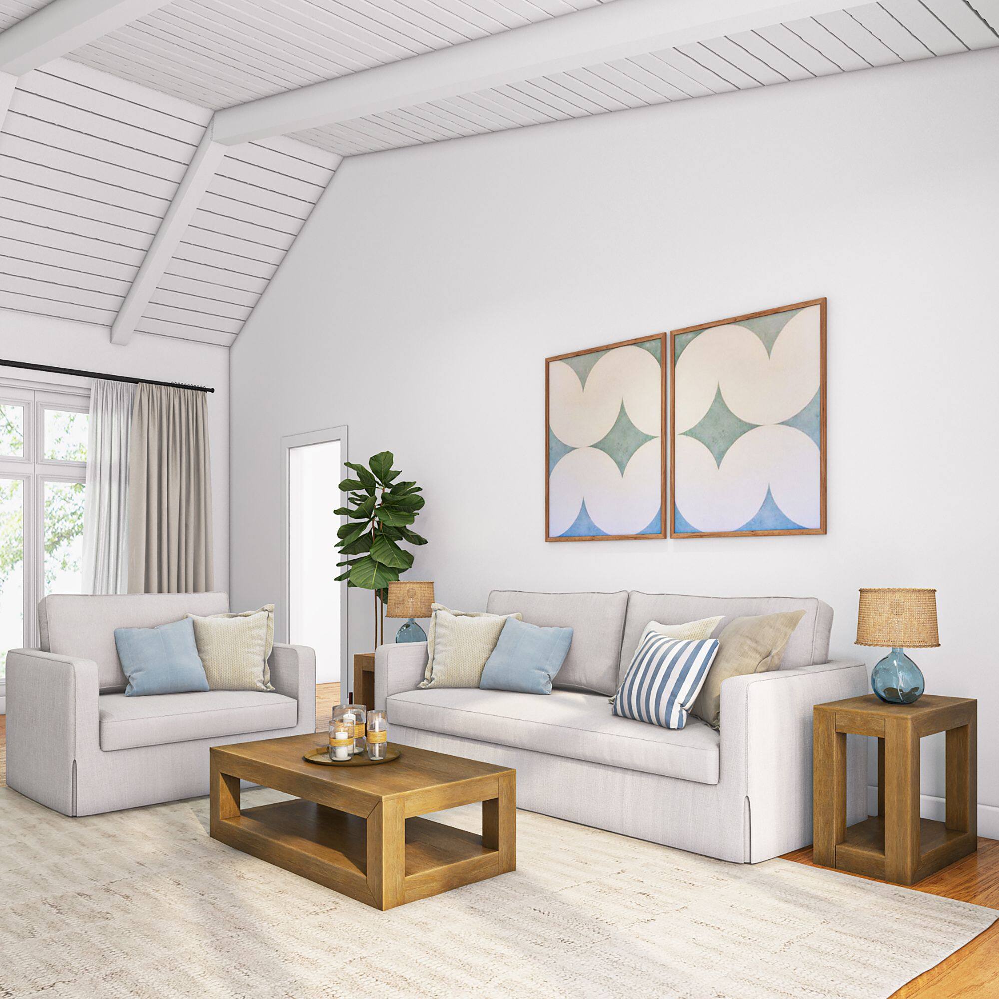 Alt View 5. Plank+Beam - Modern Rectangular Coffee Table with Bottom Shelf (48in x 24in / 1220mm x 610mm), Pecan Wirebrush - Pecan Wirebrush.