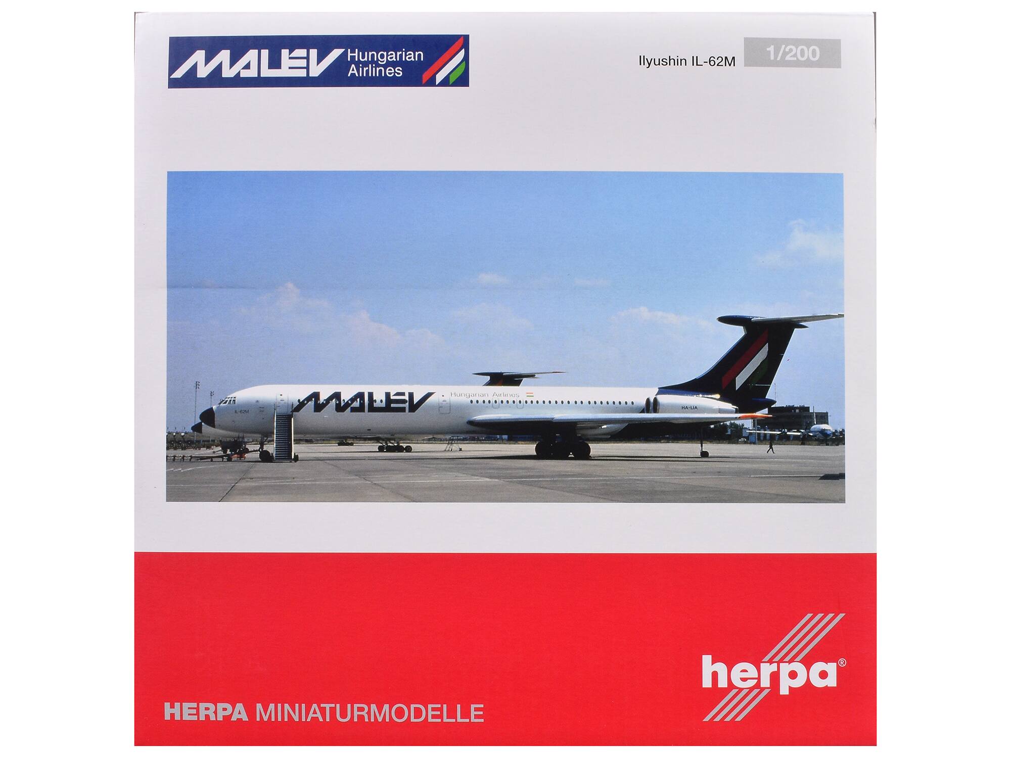 MALEV Hungarian Airlines  
Ilyushin IL-62M  
1/200  

HERPA MINIATURMODELLE