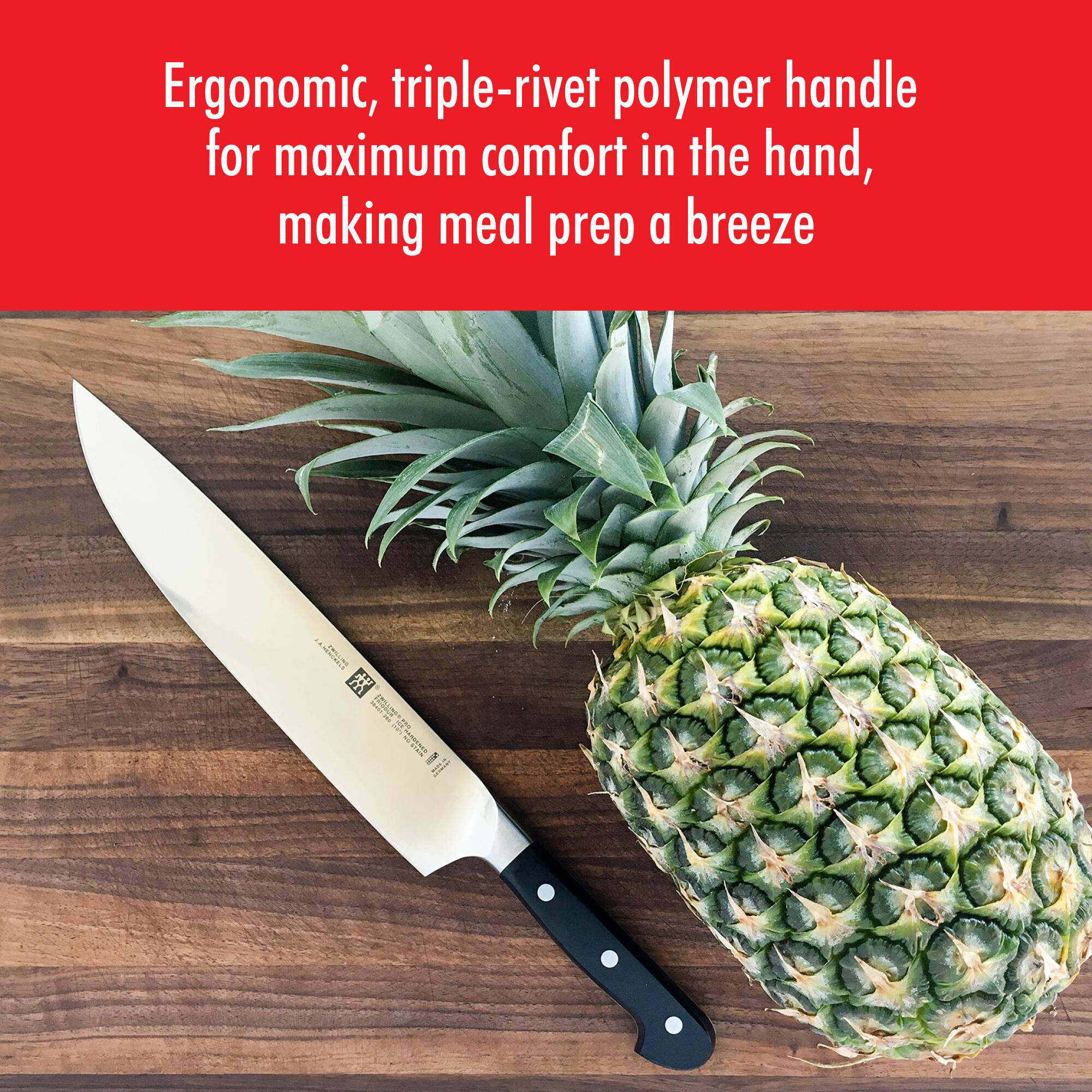 Ergonomic, triple-rivet polymer handle for maximum comfort in the hand, making meal prep a breeze