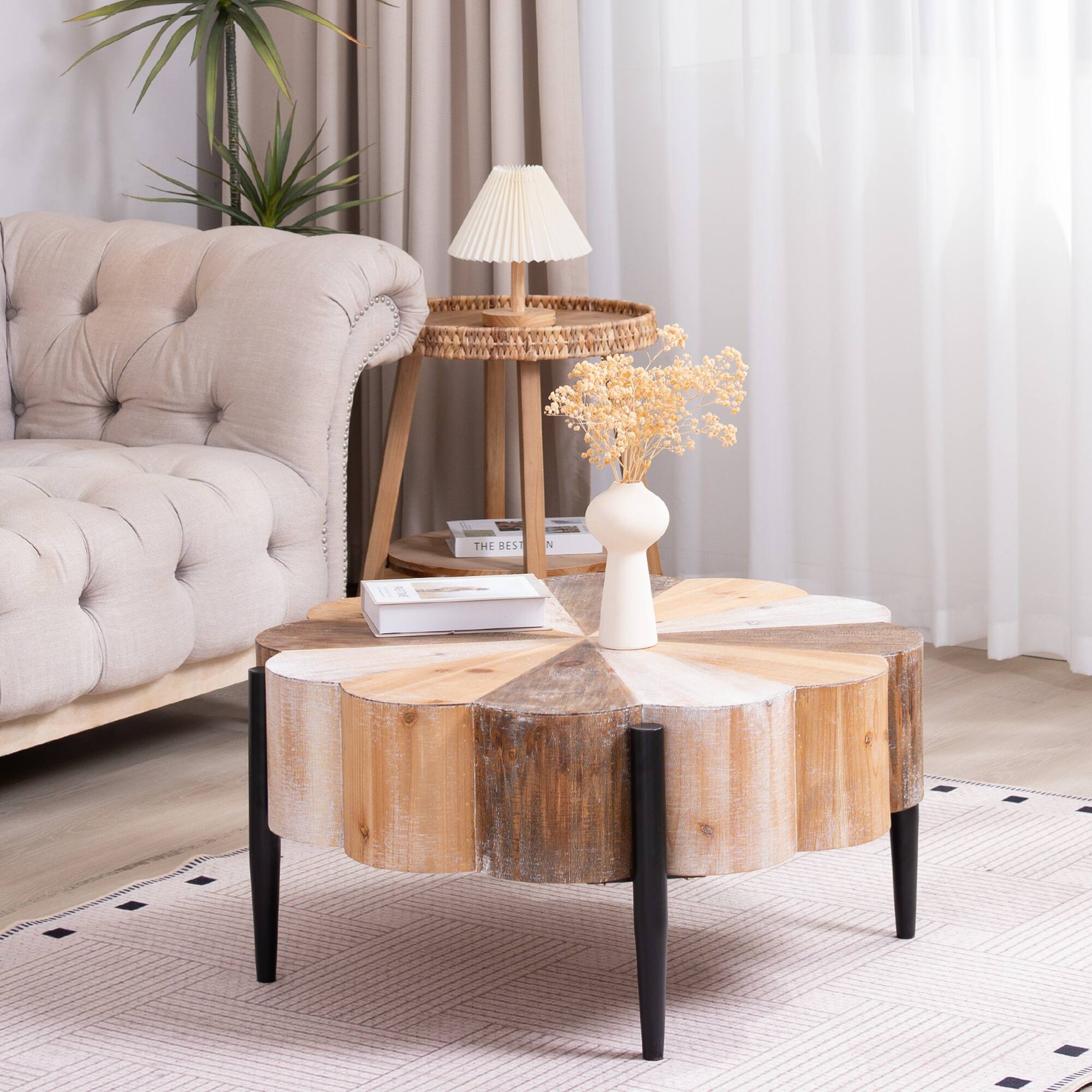 Left. GOODSILO - Vintage Distressed Flower-Shaped Coffee Table with Sturdy Metal Legs for Living Room Decor - Multicolor.