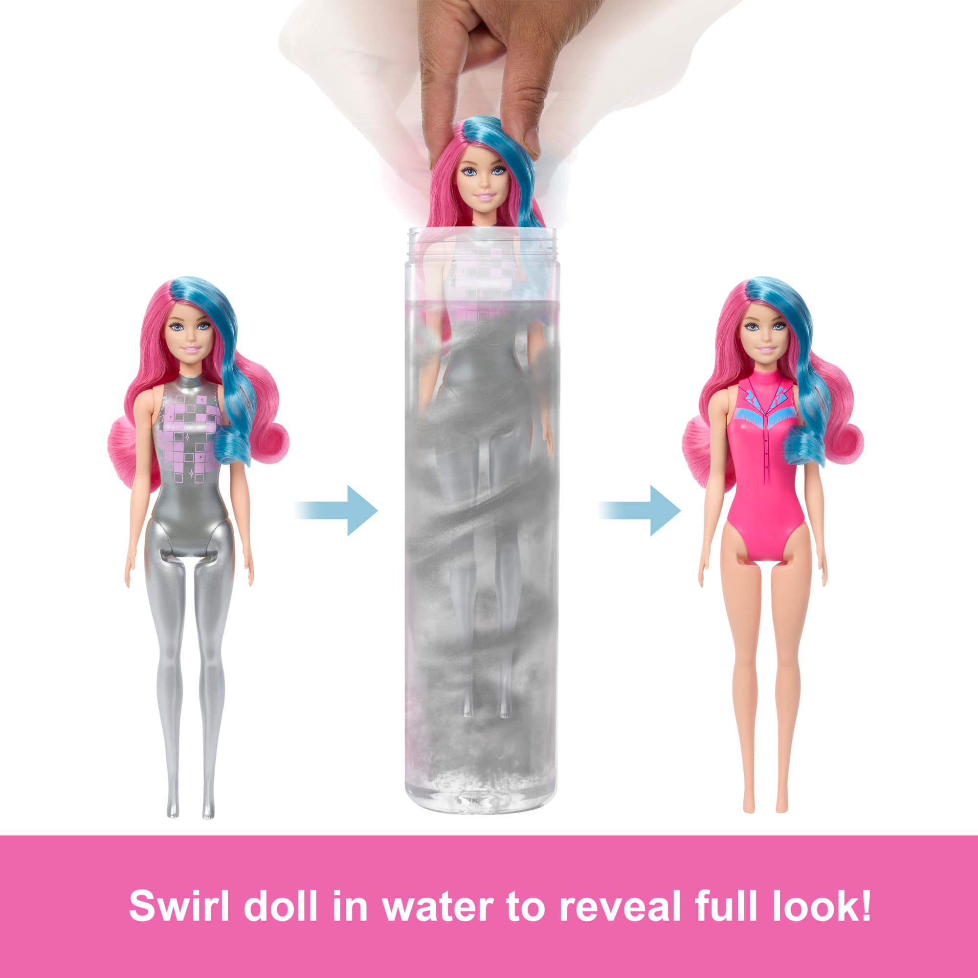 Swirl doll in water to reveal full look!