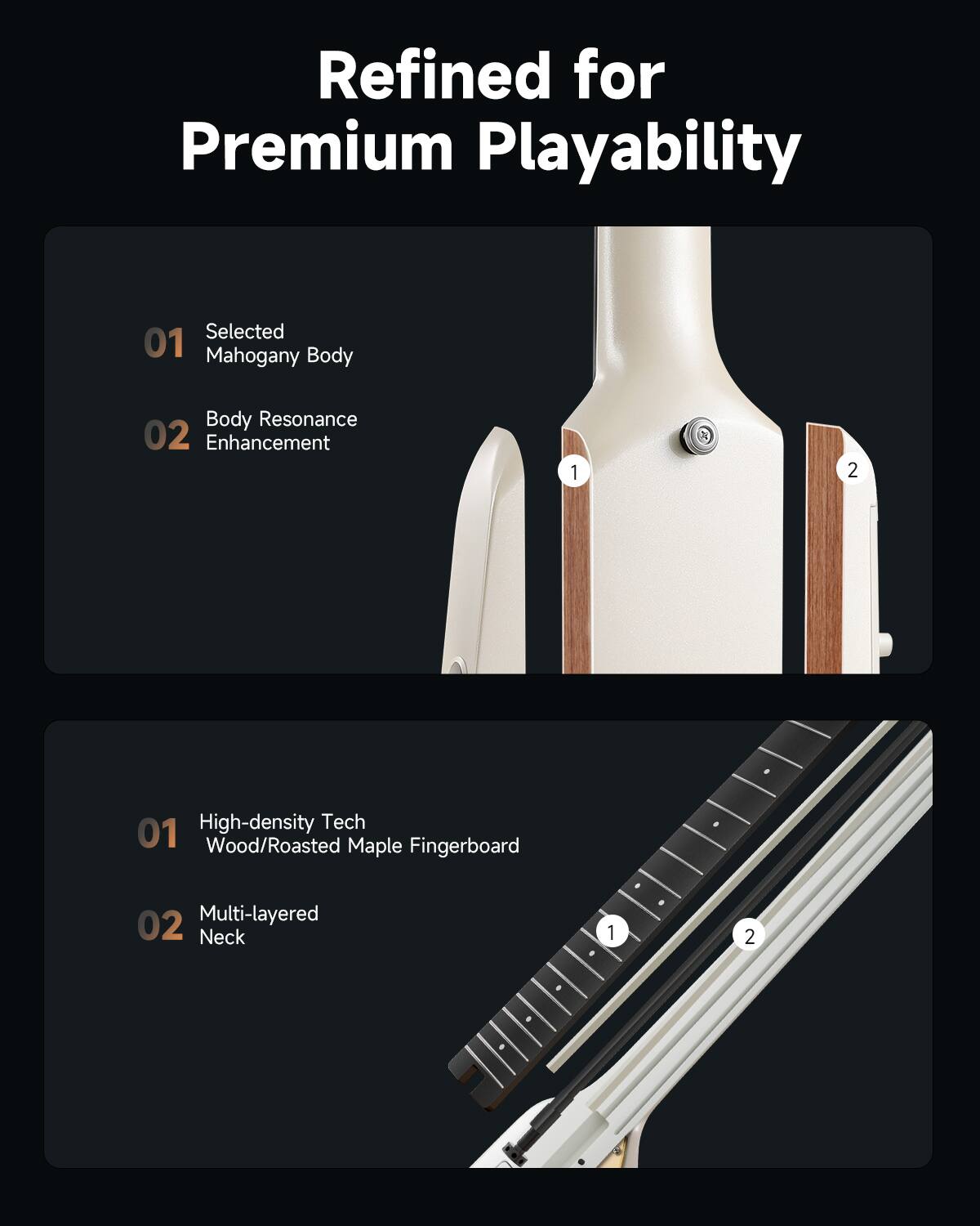 Refined for Premium Playability

01 Selected Mahogany Body  
02 Body Resonance Enhancement

01 High-density Tech Wood/Roasted Maple Fingerboard  
02 Multi-layered Neck