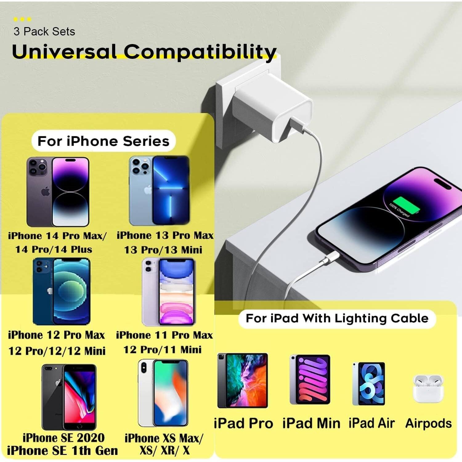 3 Pack Sets  
Universal Compatibility  

For iPhone Series  
- iPhone 14 Pro Max  
- iPhone 14 Pro  
- iPhone 14 Plus  
- iPhone 13 Pro Max  
- iPhone 13 Pro  
- iPhone 13 Mini  
- iPhone 12 Pro Max  
- iPhone 12 Pro  
- iPhone 12  
- iPhone 12 Mini  
- iPhone 11 Pro Max  
- iPhone 11 Pro  
- iPhone 11 Mini  
- iPhone SE 2020  
- iPhone SE 1st Gen  
- iPhone XS Max  
- iPhone XS  
- iPhone XR  
- iPhone X  

For iPad With Lightning Cable  
- iPad Pro  
- iPad Mini  
- iPad Air  
- Airpods