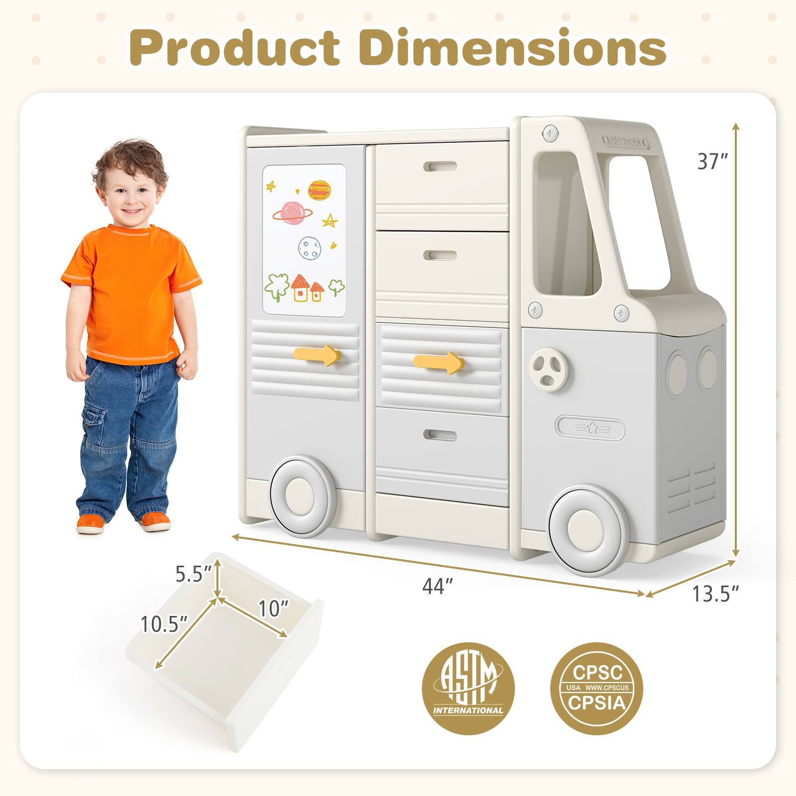 Product Dimensions

- Height: 37"
- Width: 44"
- Depth: 13.5"
- Drawer Dimensions: 10.5" x 10" x 5.5"

ASTM International
CPSC USA - www.cpsc.gov
CPSIA