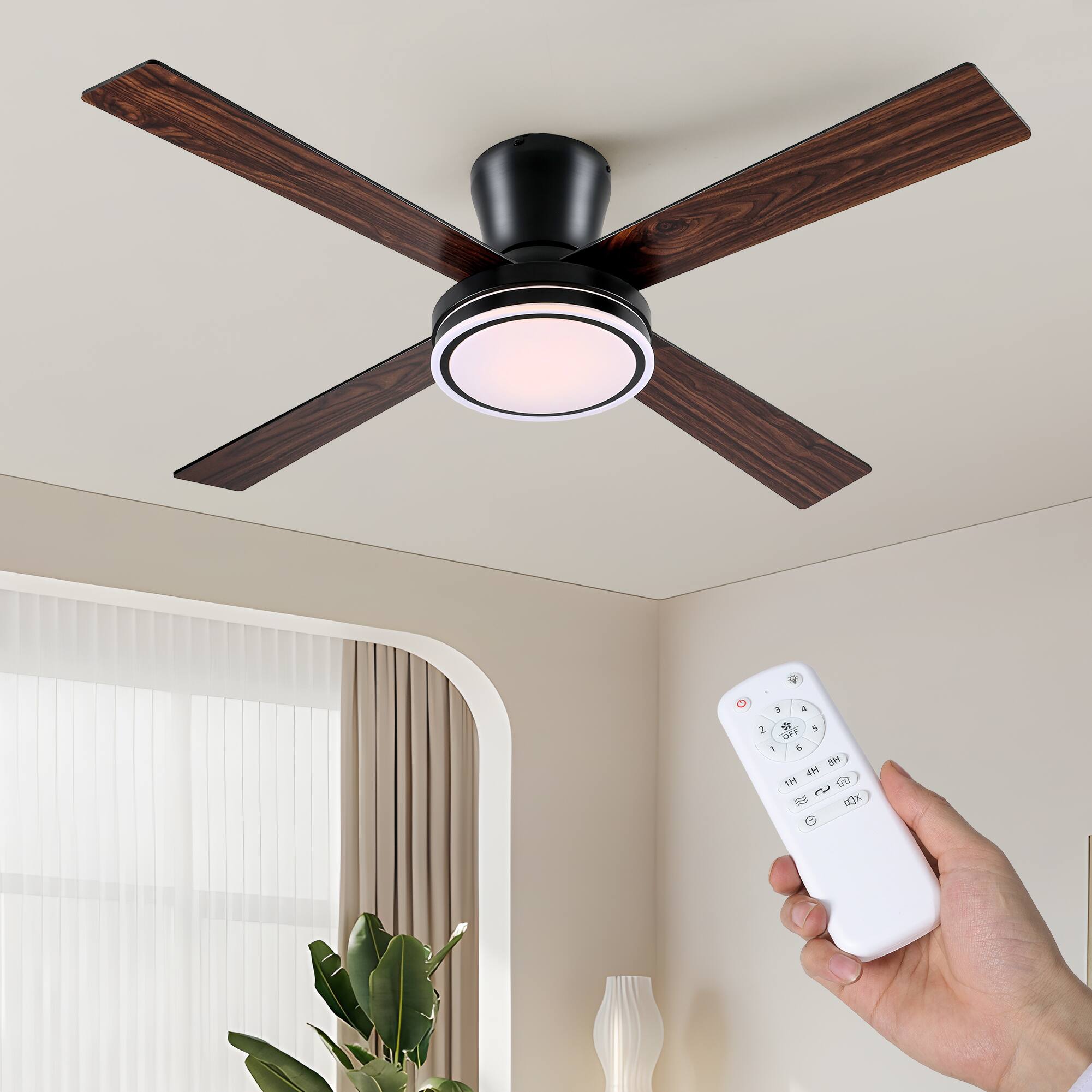 Front. Domanki - 54" Low Profile Ceiling Fans with Lights and Remote, Reversible, 3-Light, 6-Speed DC Motor, 4-Blade Ceiling Fan - Black.