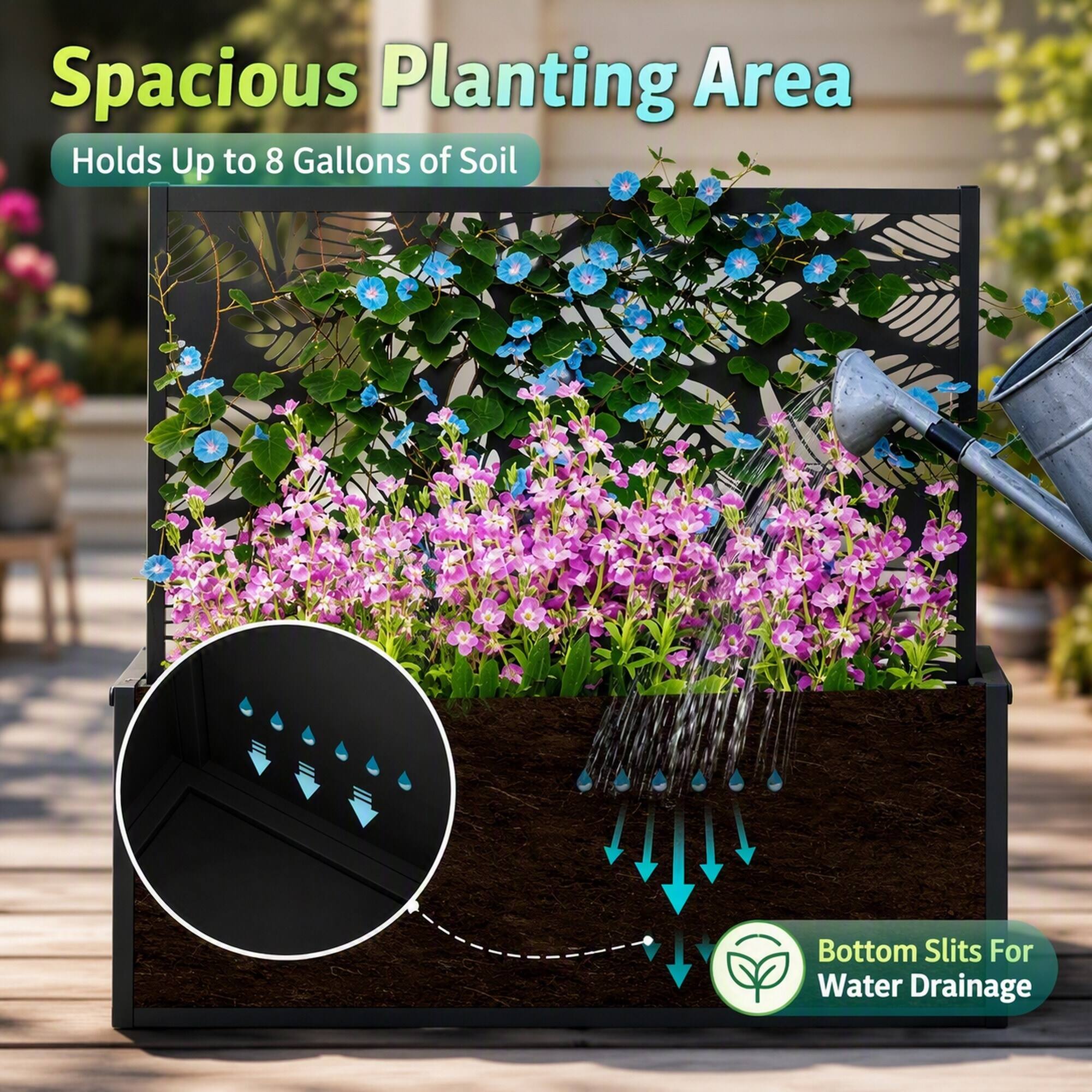 Spacious Planting Area  
Holds Up to 8 Gallons of Soil  
Bottom Slits For Water Drainage