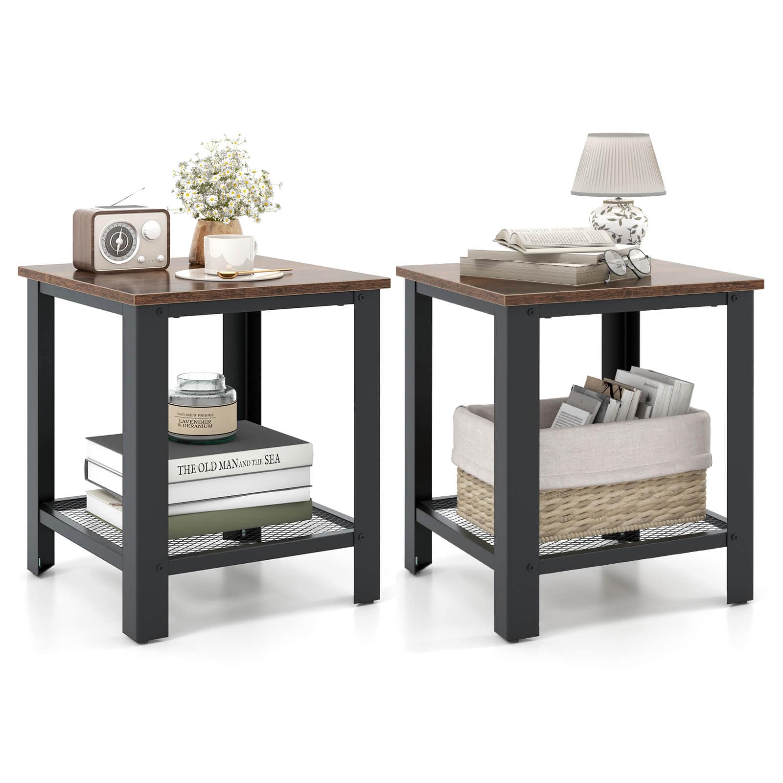Costway - 2 PCS Industrial End Table 2Tier Side Table with Storage Shelf Sofa Black - Rustic Brown + Black