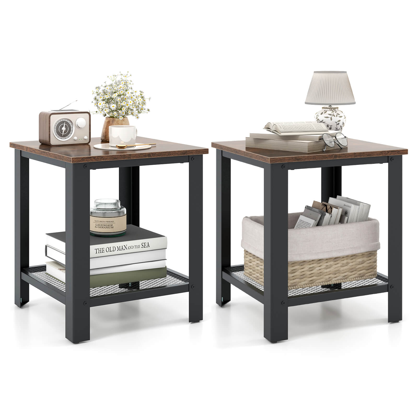 Costway - 2 PCS Industrial End Table 2Tier Side Table with Storage Shelf Sofa Black - Rustic Brown + Black