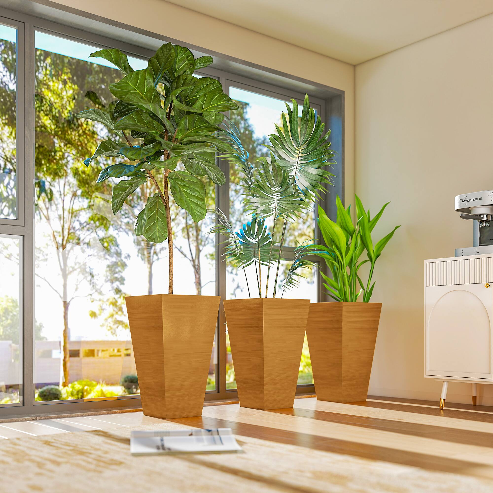 Alt View 7. Outsunny - Tall Planter for Outdoor Plants Set of 3, 28 Inch Taper Planter with Drainage Holes, Wood Grain Decor Garden Pot - Brown.