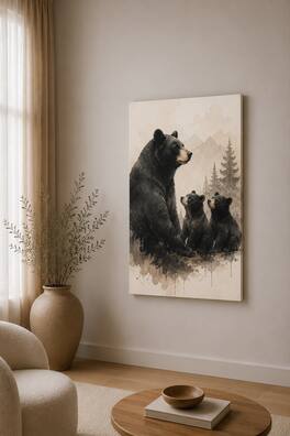 FC Design - Large Bear Family Wilderness Canvas Print 24x36"-Ready-to-Hang Cozy Mountain Art Painting Home Wall Décor - MultiColor