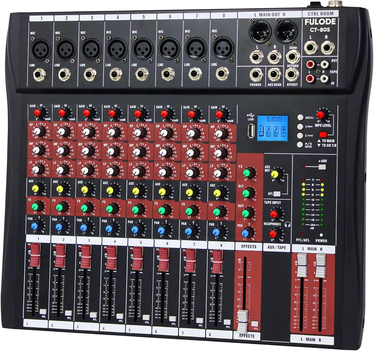 Vulpecula Spade - Audio Mixer 8 Channel, CT-80S Professional Sound System Mixer Board DJ Mixing Console with Reverb MP3 Player Bluetooth 4