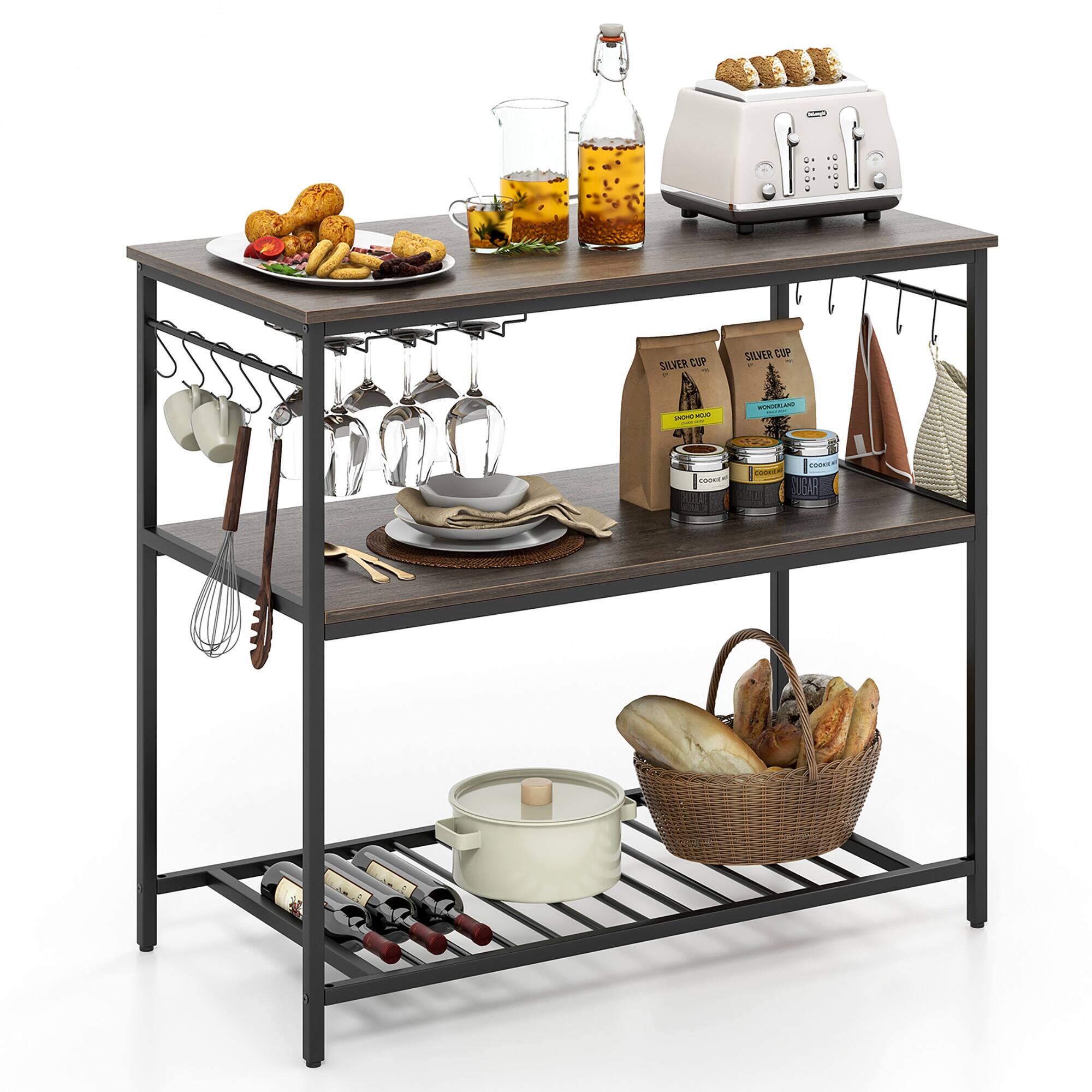 Gymax - 3-Tier Kitchen Island Kitchen Shelf Wine Coffee Bar Prep Table w/Bottom Wine - Grey, Black