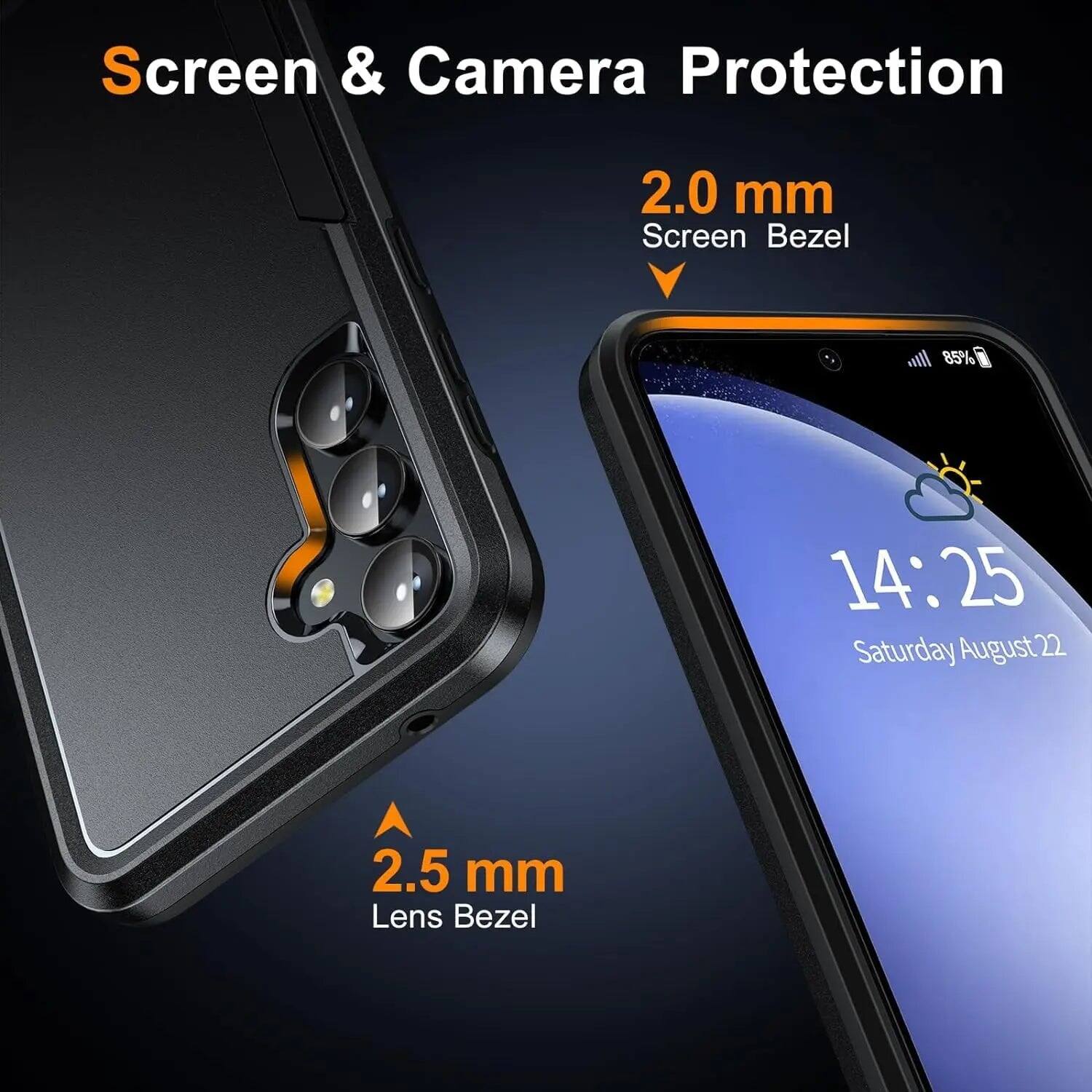 Screen & Camera Protection  
2.0 mm Screen Bezel  
85%  
14:25 Saturday August 22  
2.5 mm Lens Bezel