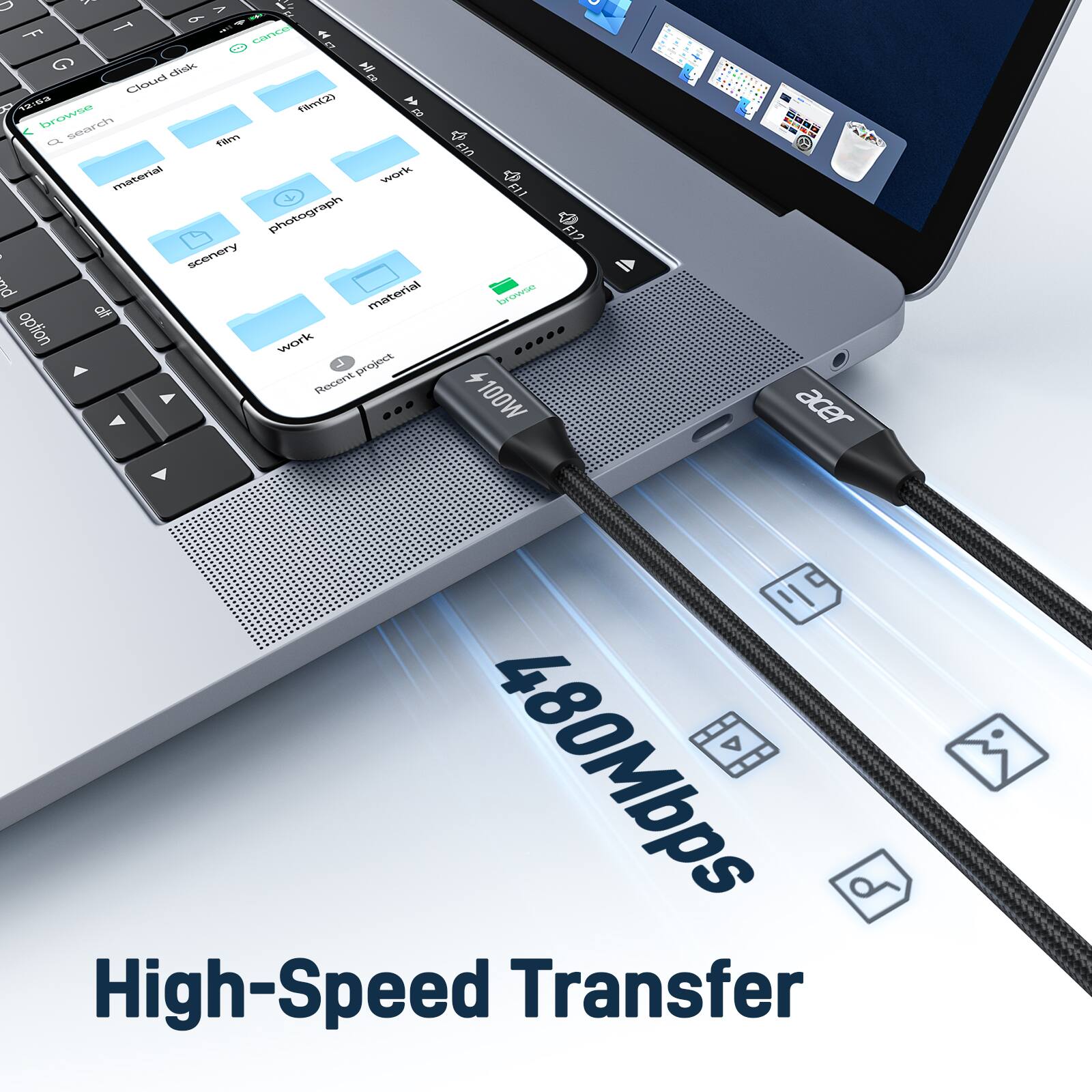 Sure, here is the corrected and grouped text:

---

**High-Speed Transfer**

480Mbps

---

**Cloud disk**

- browse
- film
- material
- work
- scenery
- photograph
- material
- work
- Recent project

---

**Search**

---

**Acer**

---

**100W**

---