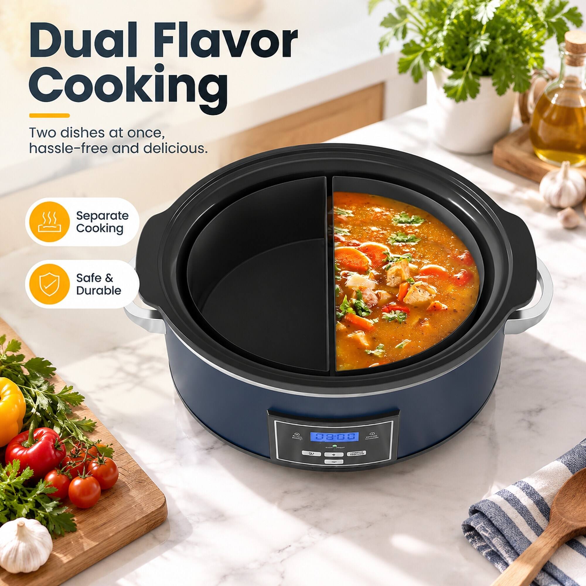 Dual Flavor Cooking  
Two dishes at once, hassle-free and delicious.  

Separate Cooking  
Safe & Durable  

00:80