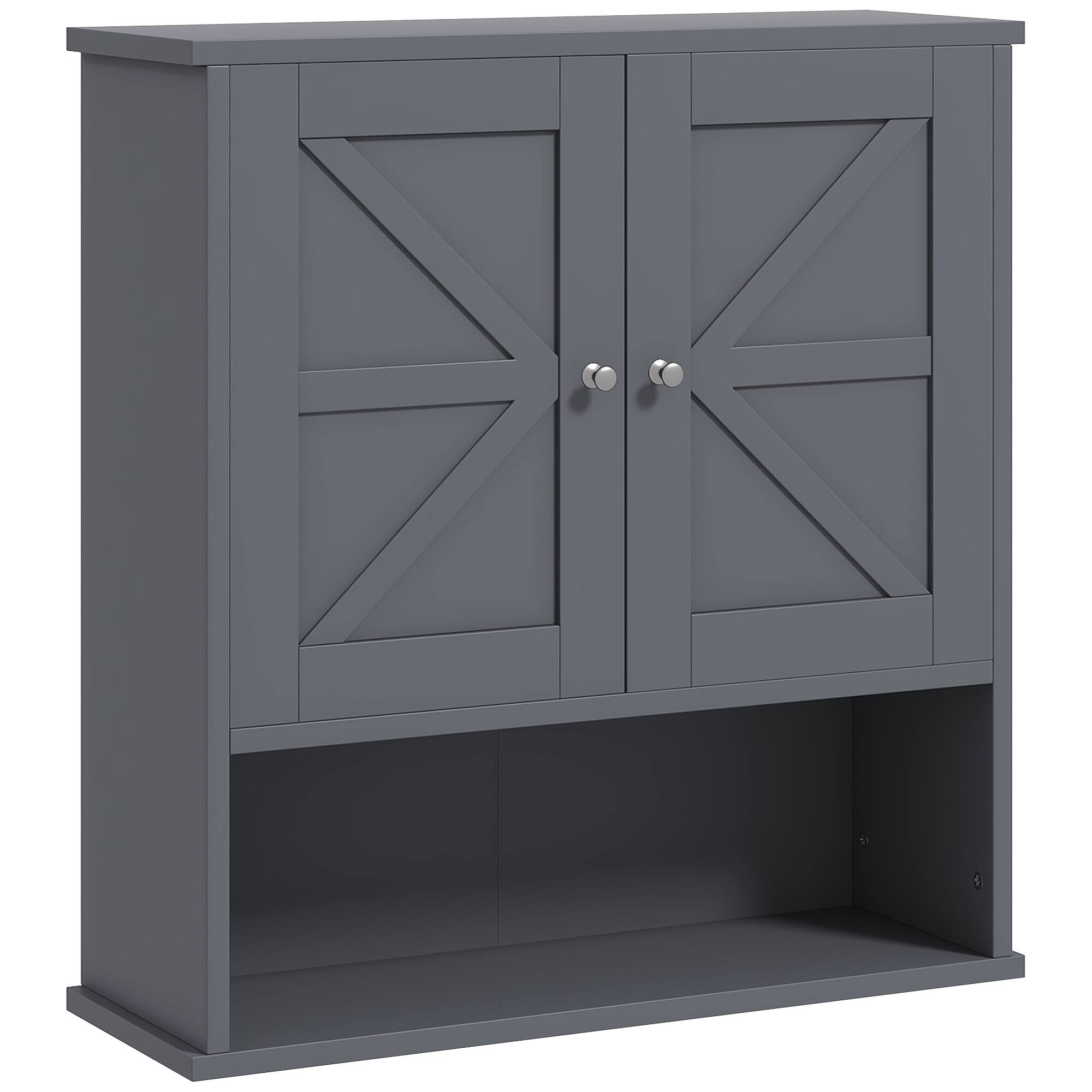 Front. Kleankin - Farmhouse Bathroom Wall Cabinet, Wall Mounted Medicine Cabinet with Open Shelf & Adjustable Shelf, Storage - Gray.