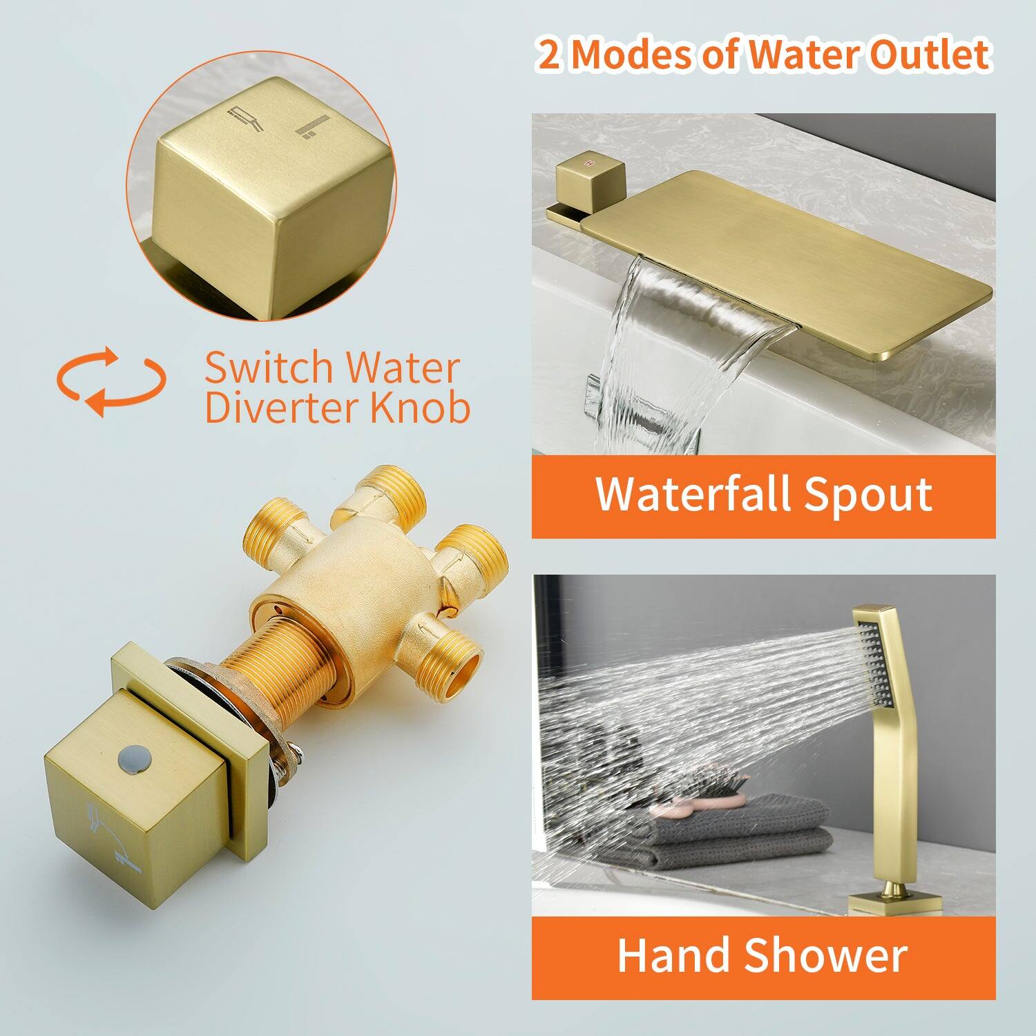 2 Modes of Water Outlet

Switch Water Diverter Knob

Waterfall Spout

Hand Shower