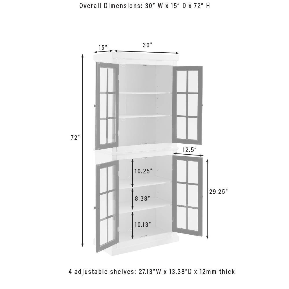 Overall Dimensions: 30" W x 15" D x 72" H

4 adjustable shelves: 27.13" W x 13.38" D x 12mm thick