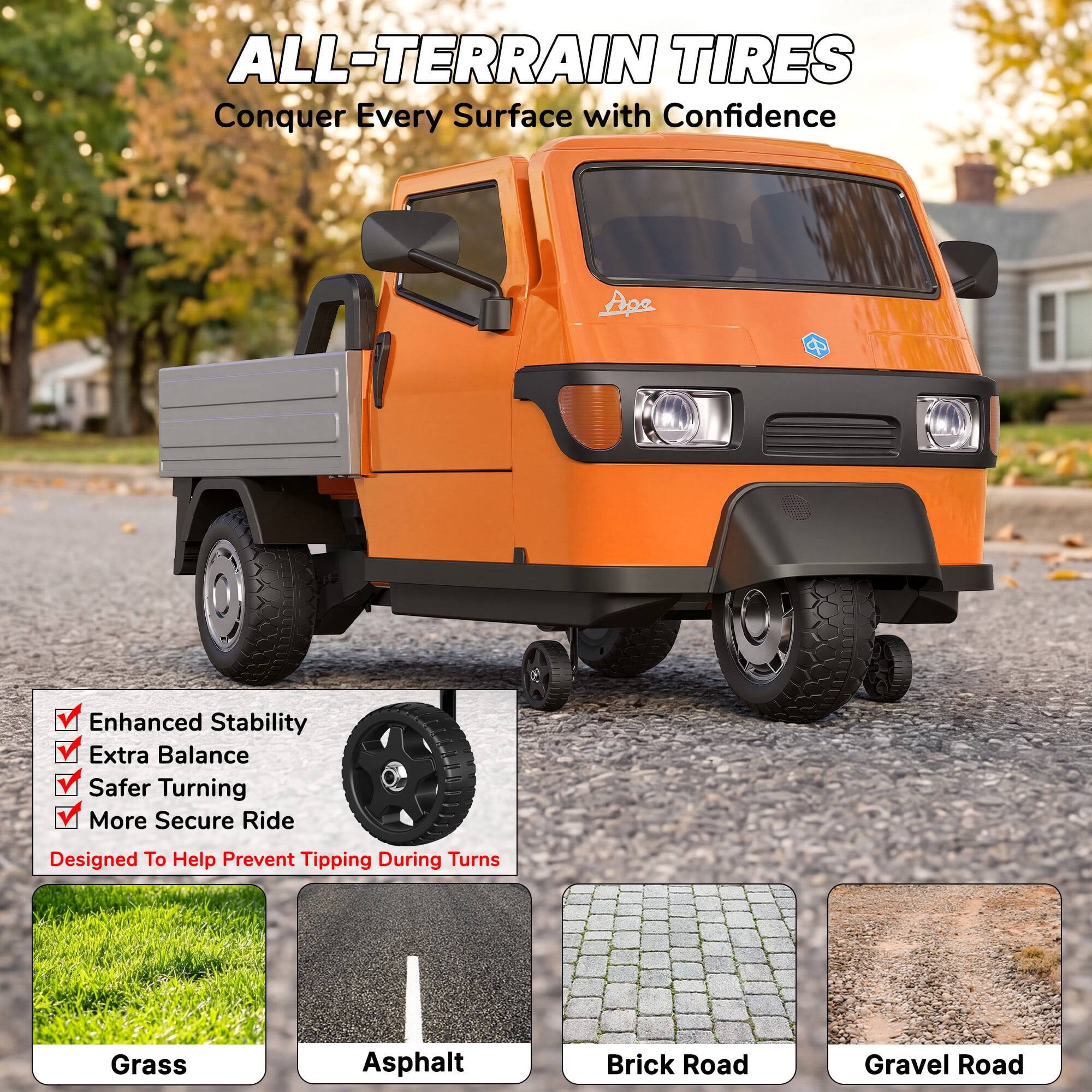 ALL-TERRAIN TIRES  
Conquer Every Surface with Confidence

- Enhanced Stability
- Extra Balance
- Safer Turning
- More Secure Ride

Designed To Help Prevent Tipping During Turns

- Grass
- Asphalt
- Brick Road
- Gravel Road