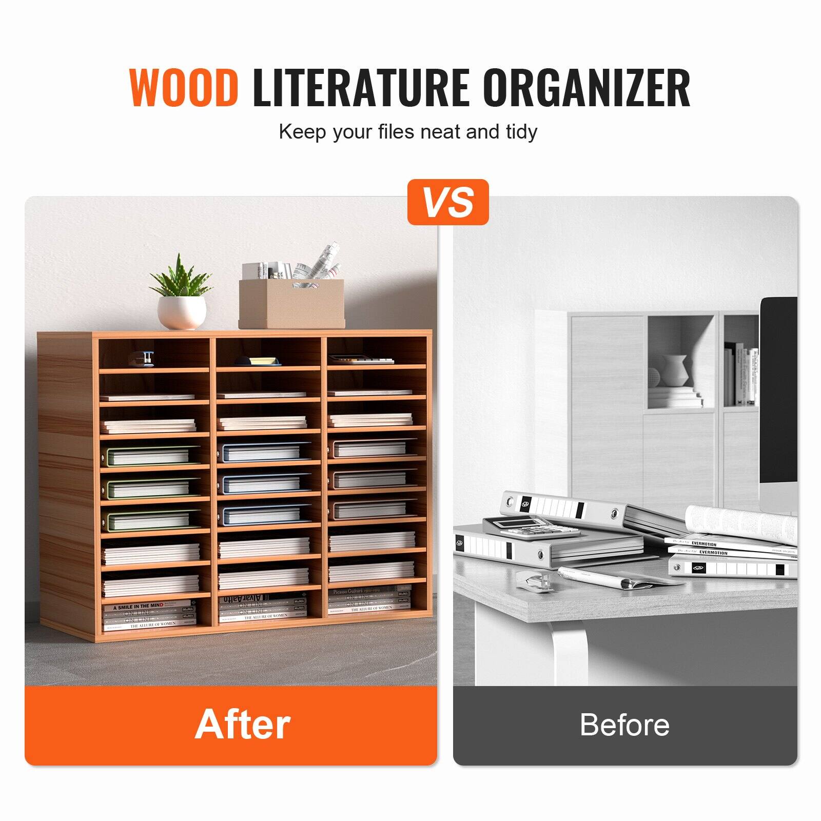 WOOD LITERATURE ORGANIZER  
Keep your files neat and tidy  

After  
Before
