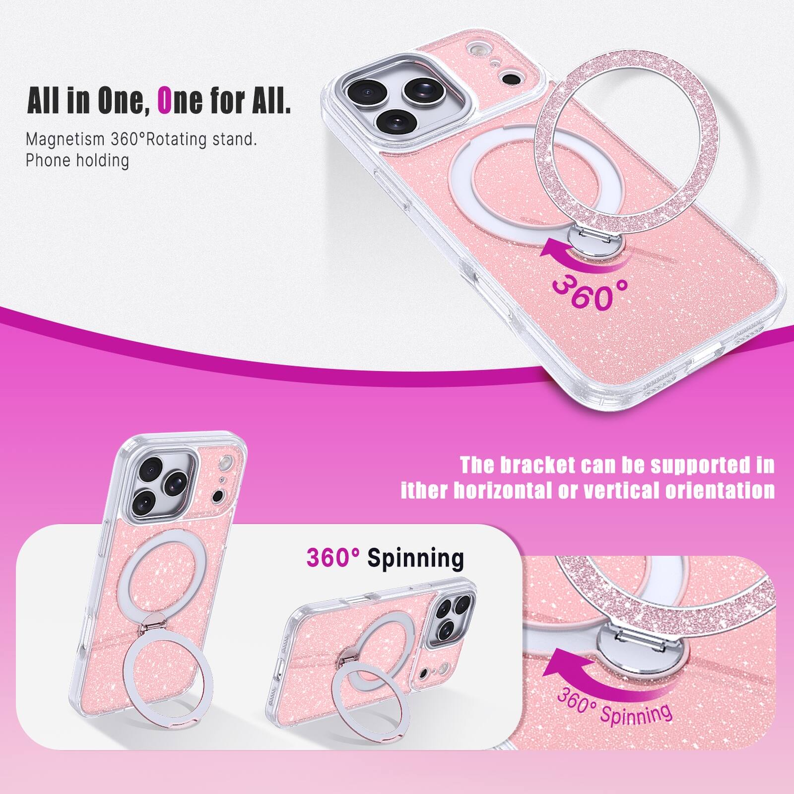 All in One, One for All.  
Magnetism 360° Rotating stand.  
Phone holding  

The bracket can be supported in either horizontal or vertical orientation  

360° Spinning  
360° Spinning