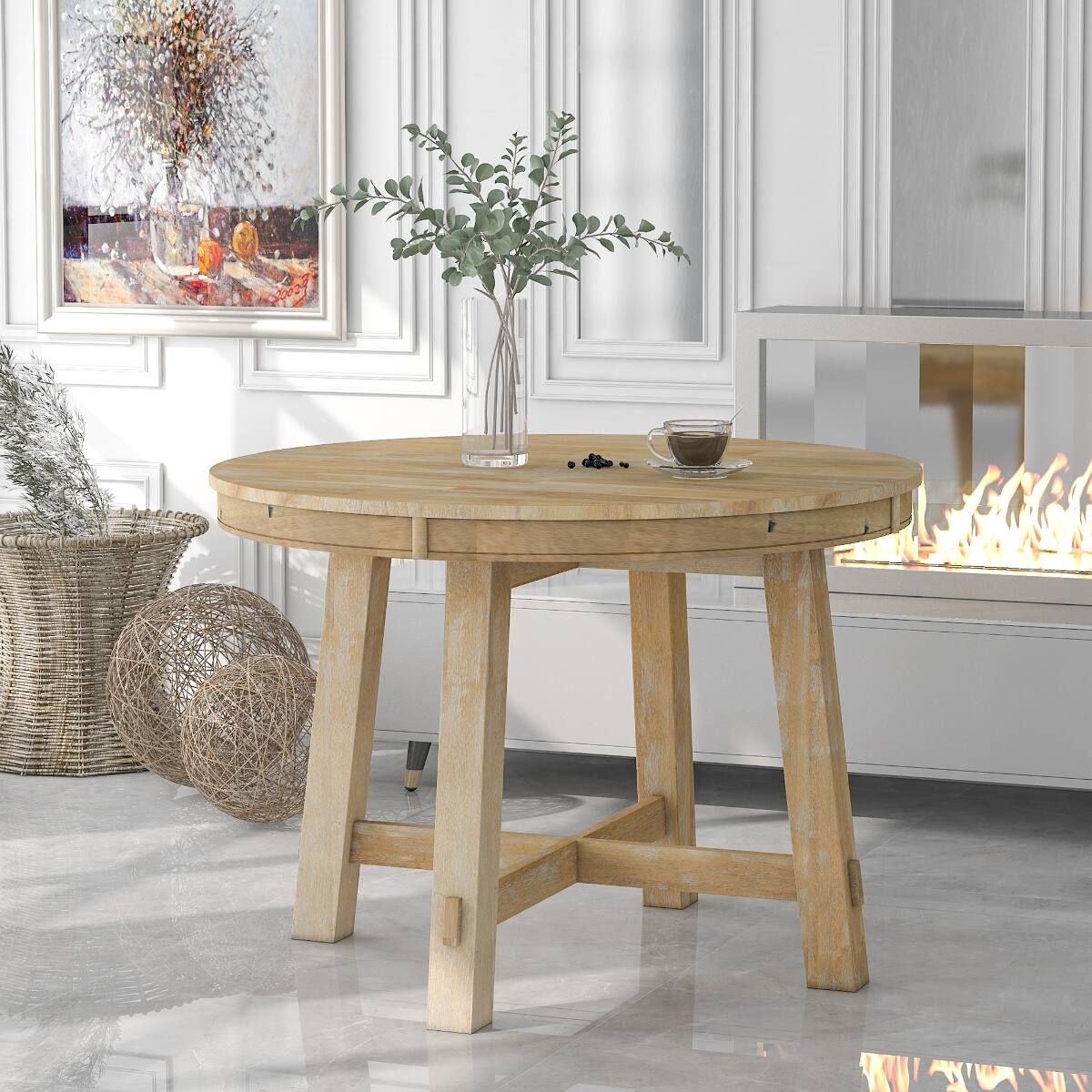 Angle. Loheer - Loheer Round Extendable Dining Table, Natural Wood Wash, Seats Up to 6 - Natural Wood Wash.