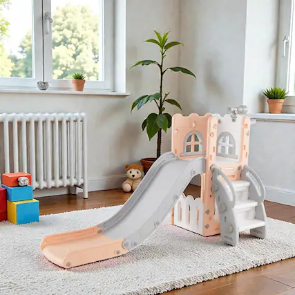 Front. BreeBe - Multi-Activity 6-in-1 Toddler Slide with Ladder and Basketball Feature - Pink.