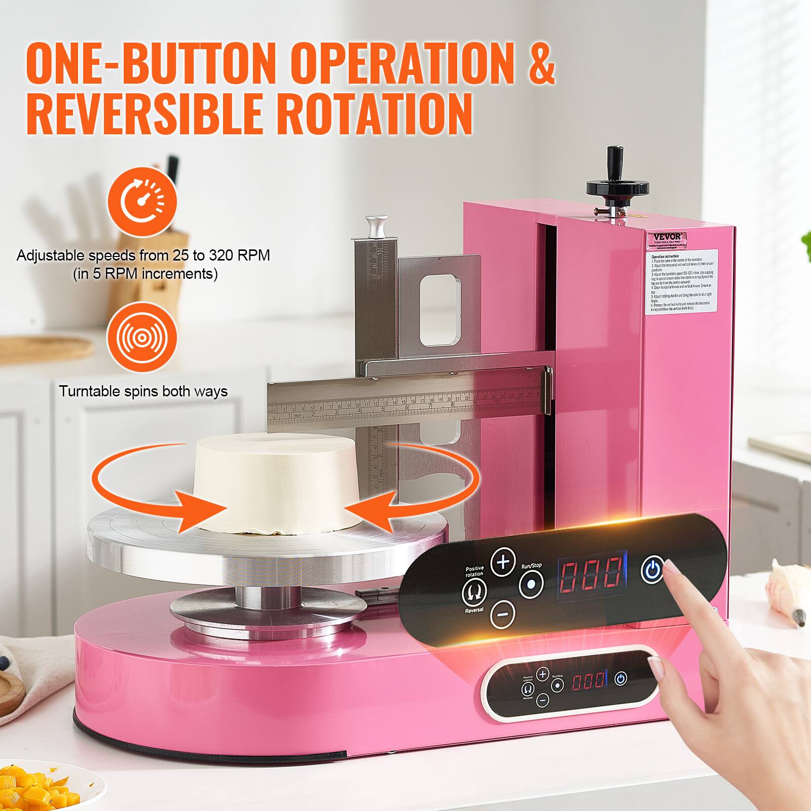 ONE-BUTTON OPERATION & REVERSIBLE ROTATION

Adjustable speeds from 25 to 320 RPM (in 5 RPM increments)

Turntable spins both ways