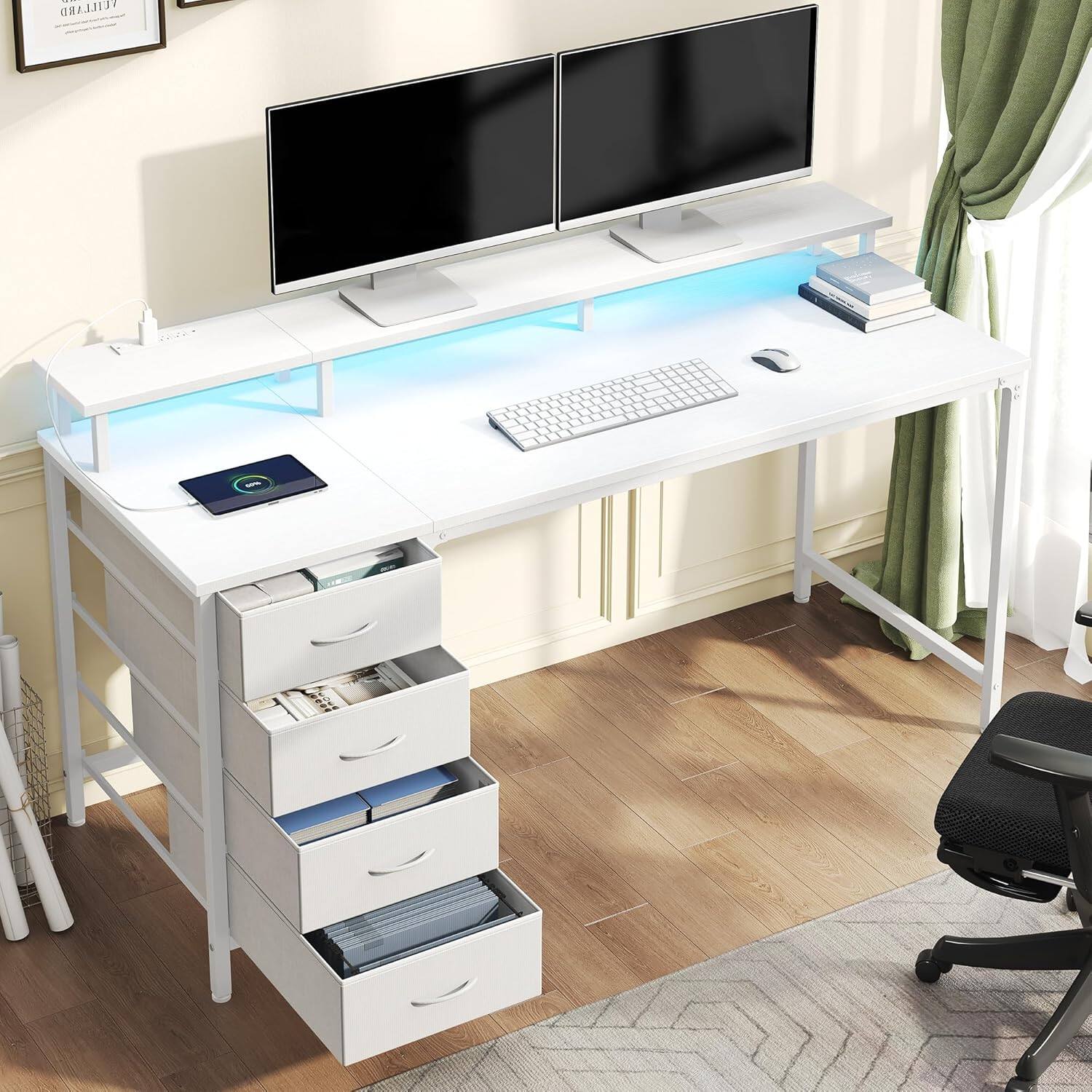 Back. Sweet - 40" Gaming Desk with LED Lights, Power Outlets, 4 Drawer,  Monitor Stand Reversible Computer Desk,  White - White.
