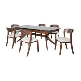 Manhattan Lane - Viki 7pc Dining Table Set, Extendable, Ivory Fabric Chairs, Brown Wood - Walnut Brown, Ivory