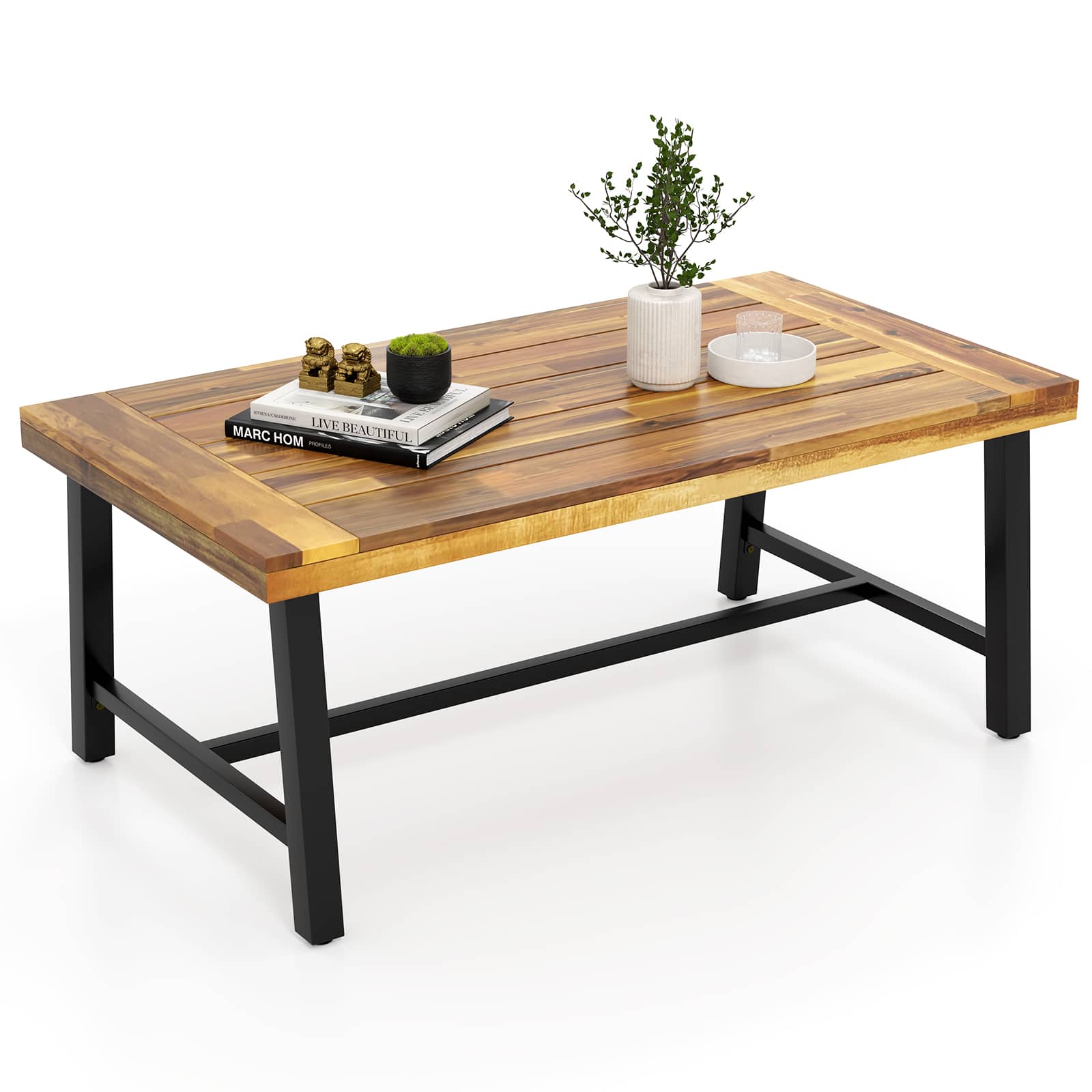 Gymax - Acacia Wood Coffee Table Indoor Outdoor Rectangle Center Table w/ Thickened Top - Natural, Black