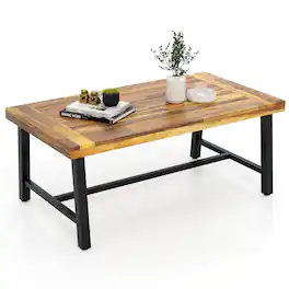 Gymax - Acacia Wood Coffee Table Indoor Outdoor Rectangle Center Table w/ Thickened Top - Natural, Black