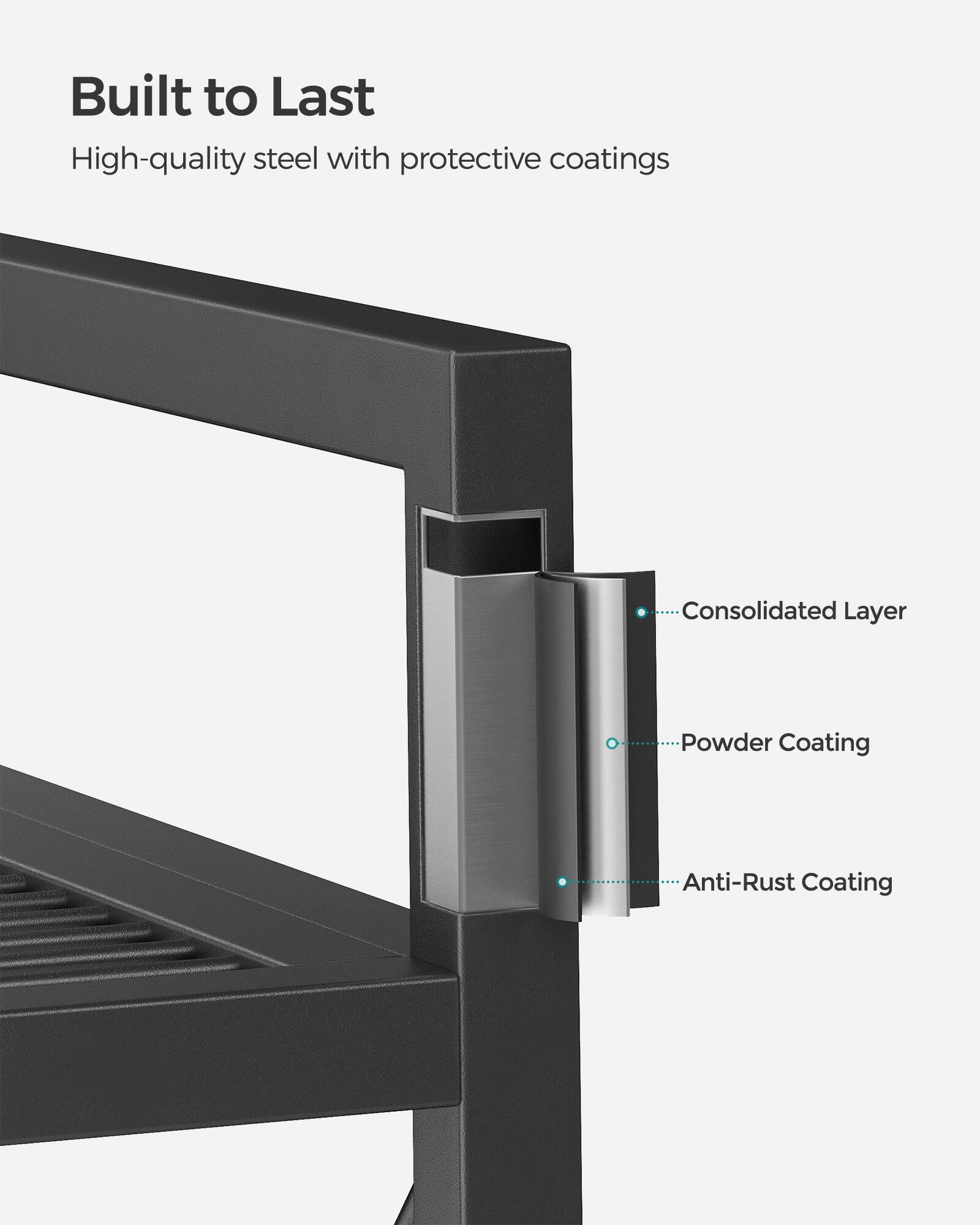 Built to Last  
High-quality steel with protective coatings  
- Consolidated Layer  
- Powder Coating  
- Anti-Rust Coating