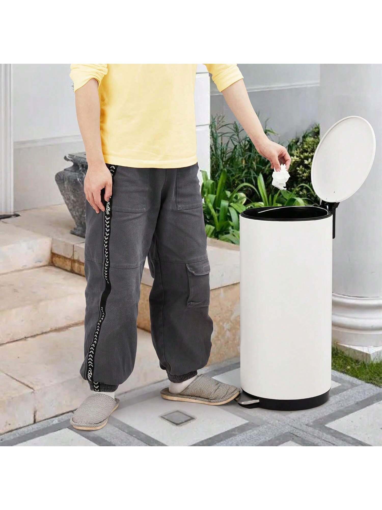 Front. GARVEE - Home Kitchen 8 Gallon 30L Step Trash Can Round Bathroom Garbage Can With Lid And Foot Pedal Kitchen Garbage Bin - White.