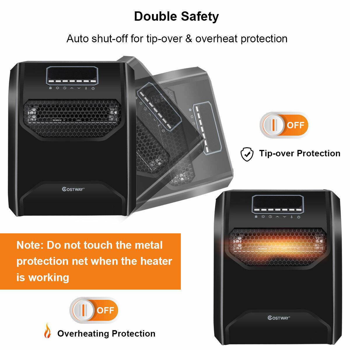 Double Safety  
Auto shut-off for tip-over & overheating protection  

Tip-over Protection  
OFF  

Note: Do not touch the metal protection net when the heater is working  

Overheating Protection  
OFF