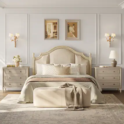 Front. Bestier - 3 Drawer Farmhouse Nightstand, Mid-Century Fluted Bedside Table with Charging Station - Sunlit Oak.