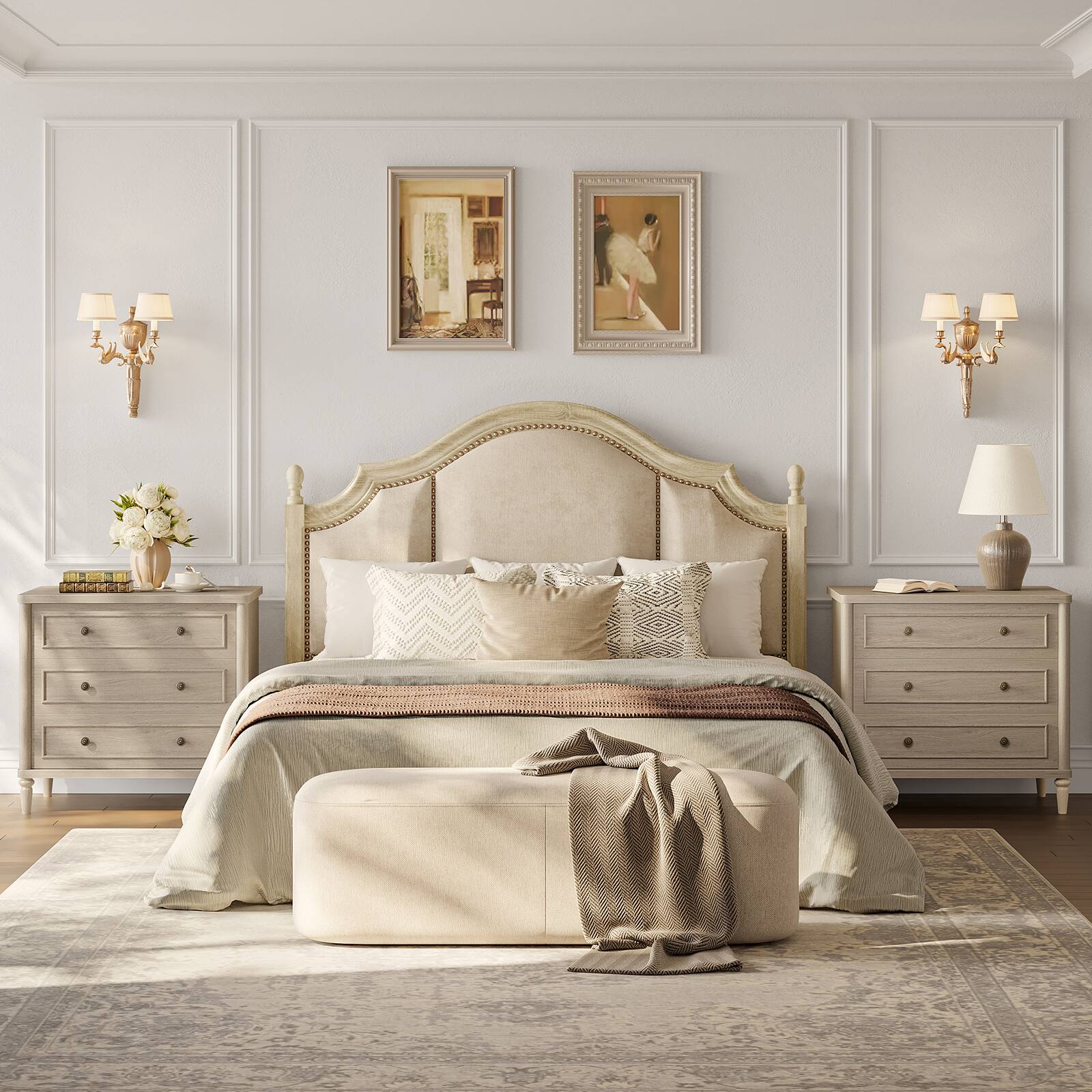 Front. Bestier - 3 Drawer Farmhouse Nightstand, Mid-Century Fluted Bedside Table with Charging Station - Sunlit Oak.