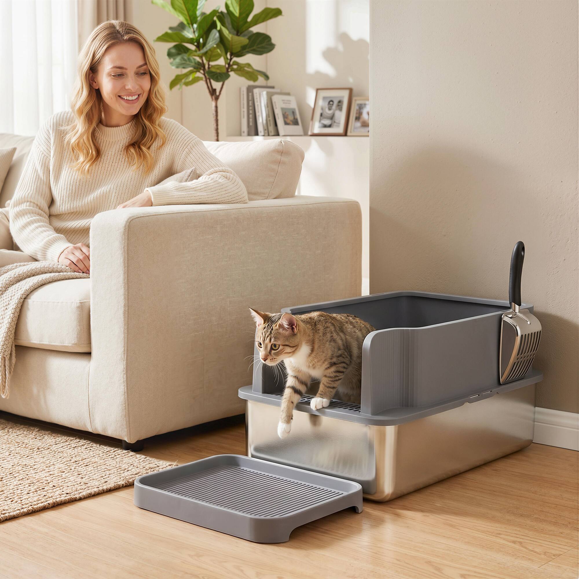 Alt View 1. Pawhut - Steel Sifting Litter Box for Pine Pellets, Large Metal Litter Box with Sifter Tray, Metal Scoop - Dark Gray.