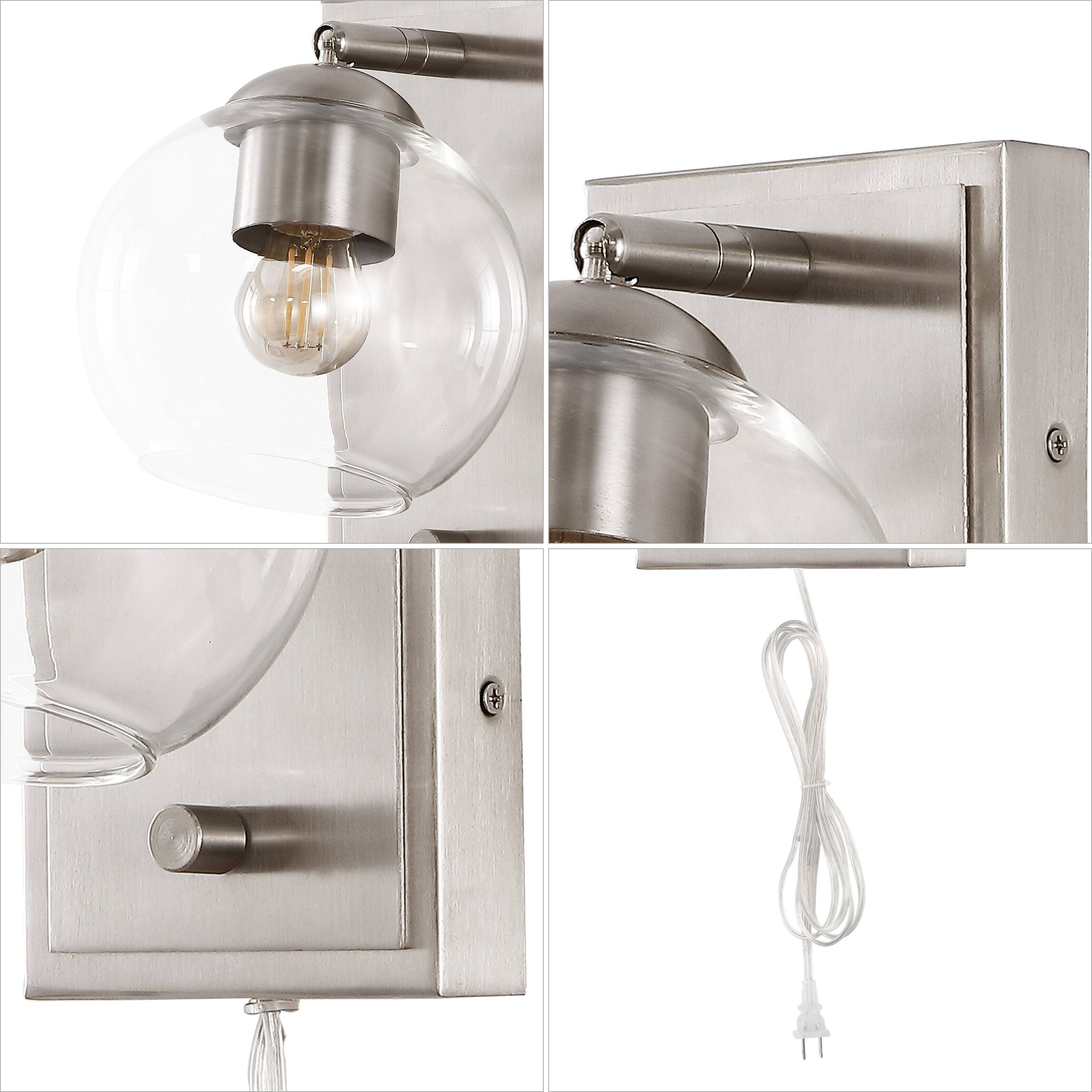 Alt View 5. Jonathan Y - Hugo 6" 1-Light Plug-In or Hardwired Adjustable Iron LED Wall Sconce with Rotary Dimmer, Nickel with Clear Globe - Nickel.