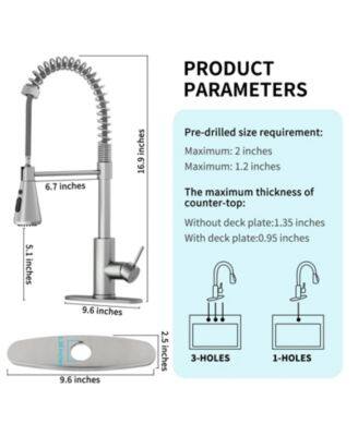 PRODUCT PARAMETERS

- 5.1 inches
- 6.7 inches
- 9.6 inches
- 9.6 inches
- 2.5 inches

Pre-drilled size requirement:
- Maximum: 2 inches
- Maximum: 1.2 inches

The maximum thickness of counter-top:
- Without deck plate: 1.35 inches
- With deck plate: 0.95 inches

3-HOLES
1-HOLES