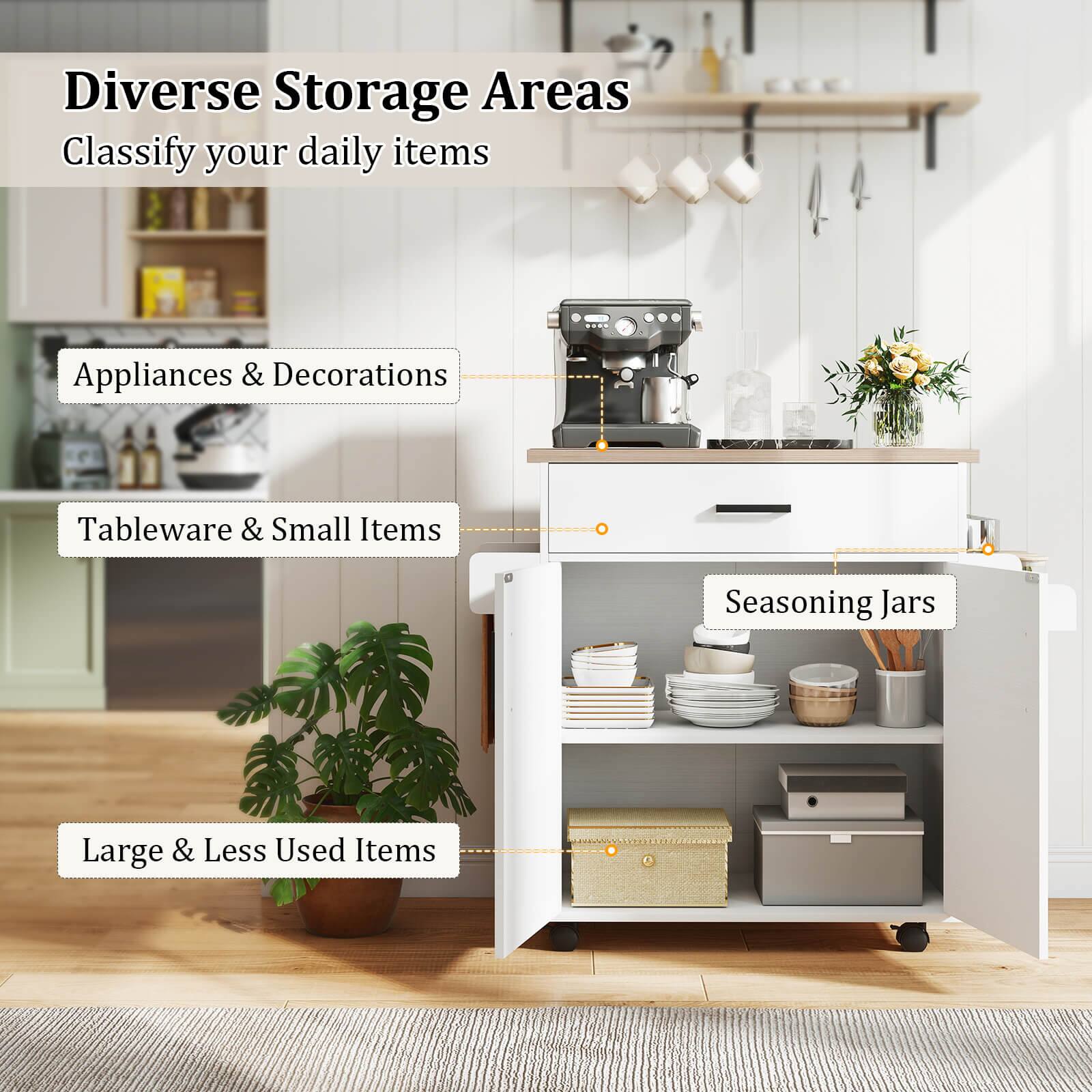 Diverse Storage Areas  
Classify your daily items  
- Appliances & Decorations  
- Tableware & Small Items  
- Seasoning Jars  
- Large & Less Used Items