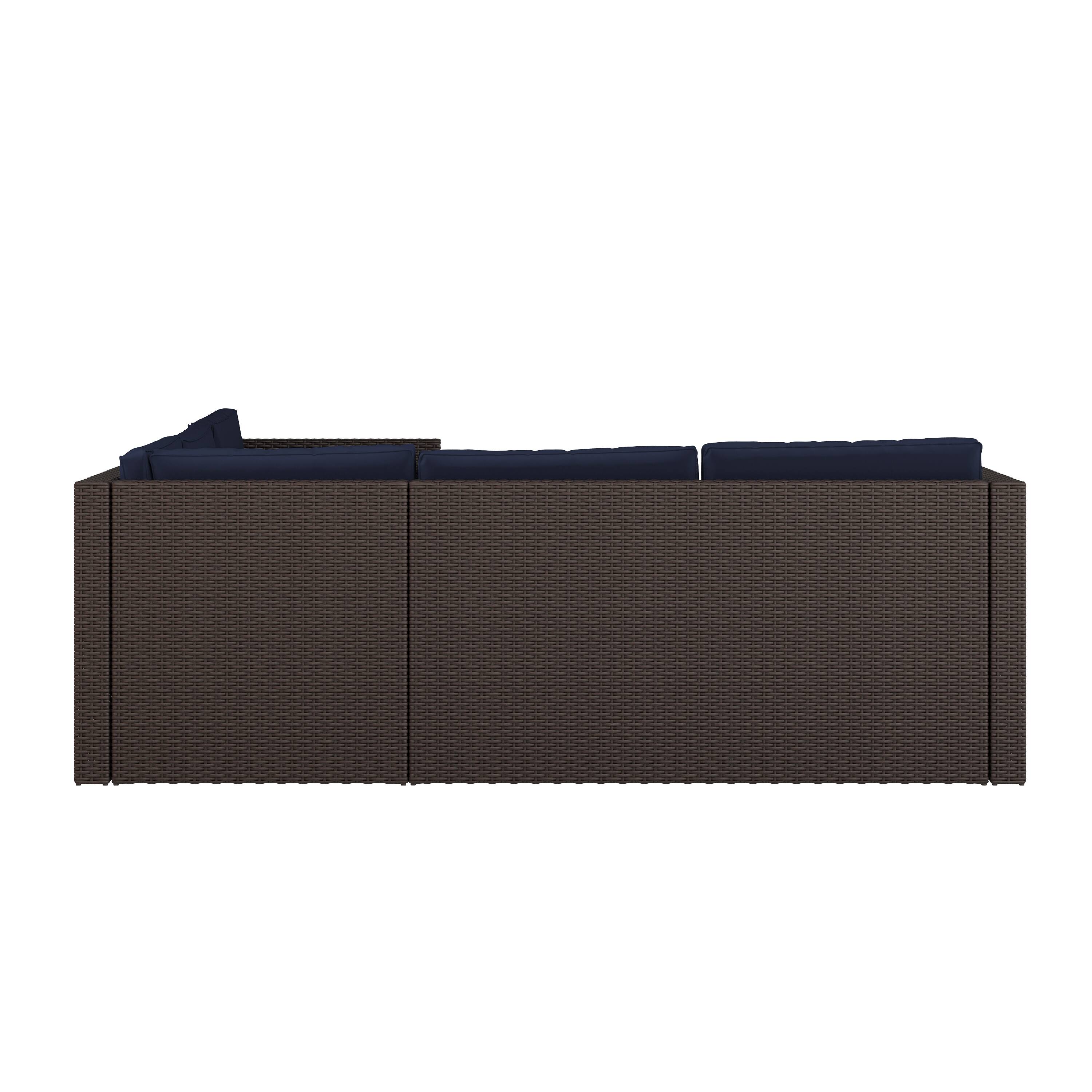 Alt View 7. Emma + Oliver - Beal All Weather Wicker PE Rattan L-Shaped Sectional Sofa with Coffee Table and Included Back and Seat Cushions - Navy Cushions/Brown Frame.