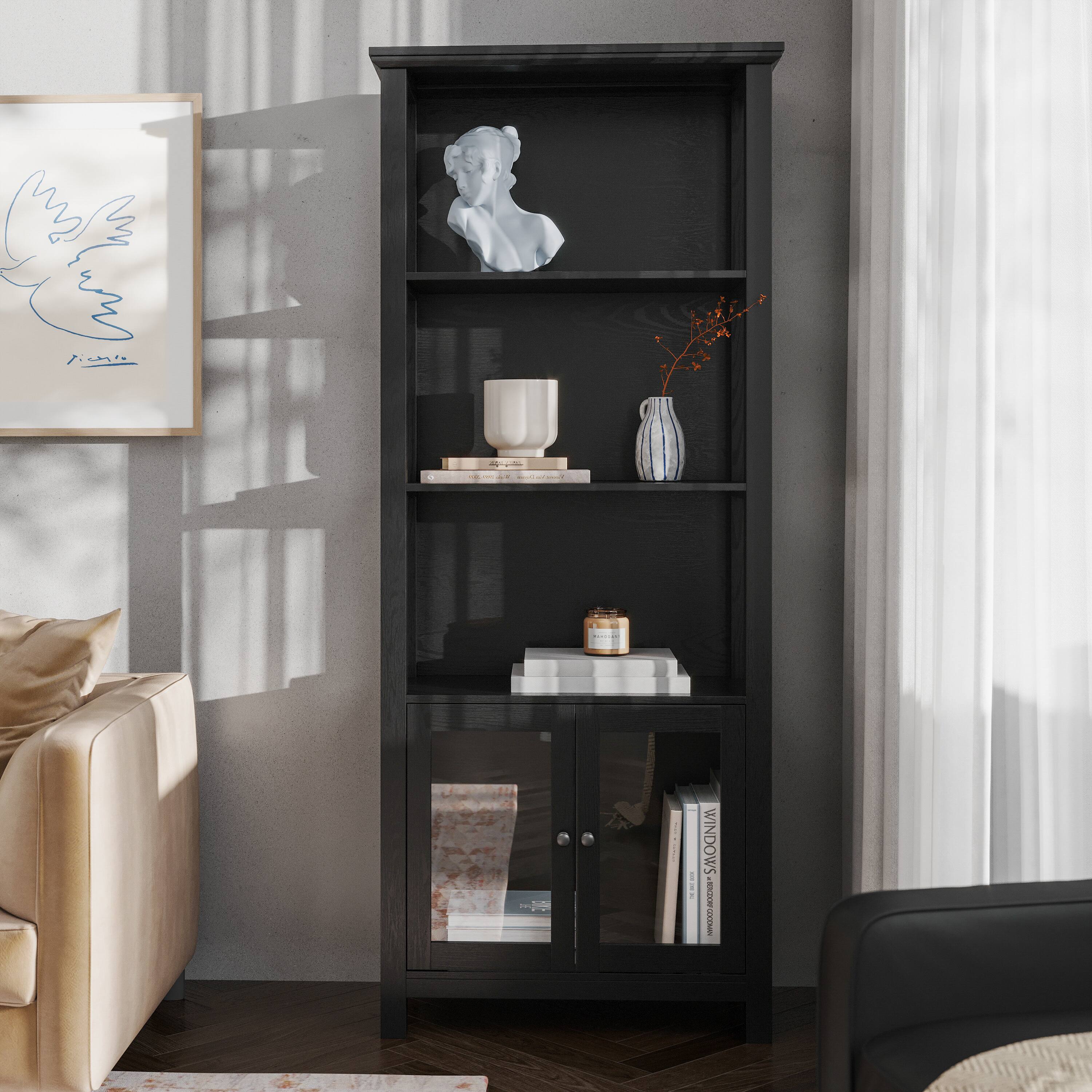 Alt View 3. Emma + Oliver - Dassie Modern Farmhouse Wooden Bookcase and Storage Cabinet with Tempered Glass Doors and 3 Upper Shelves - Black.