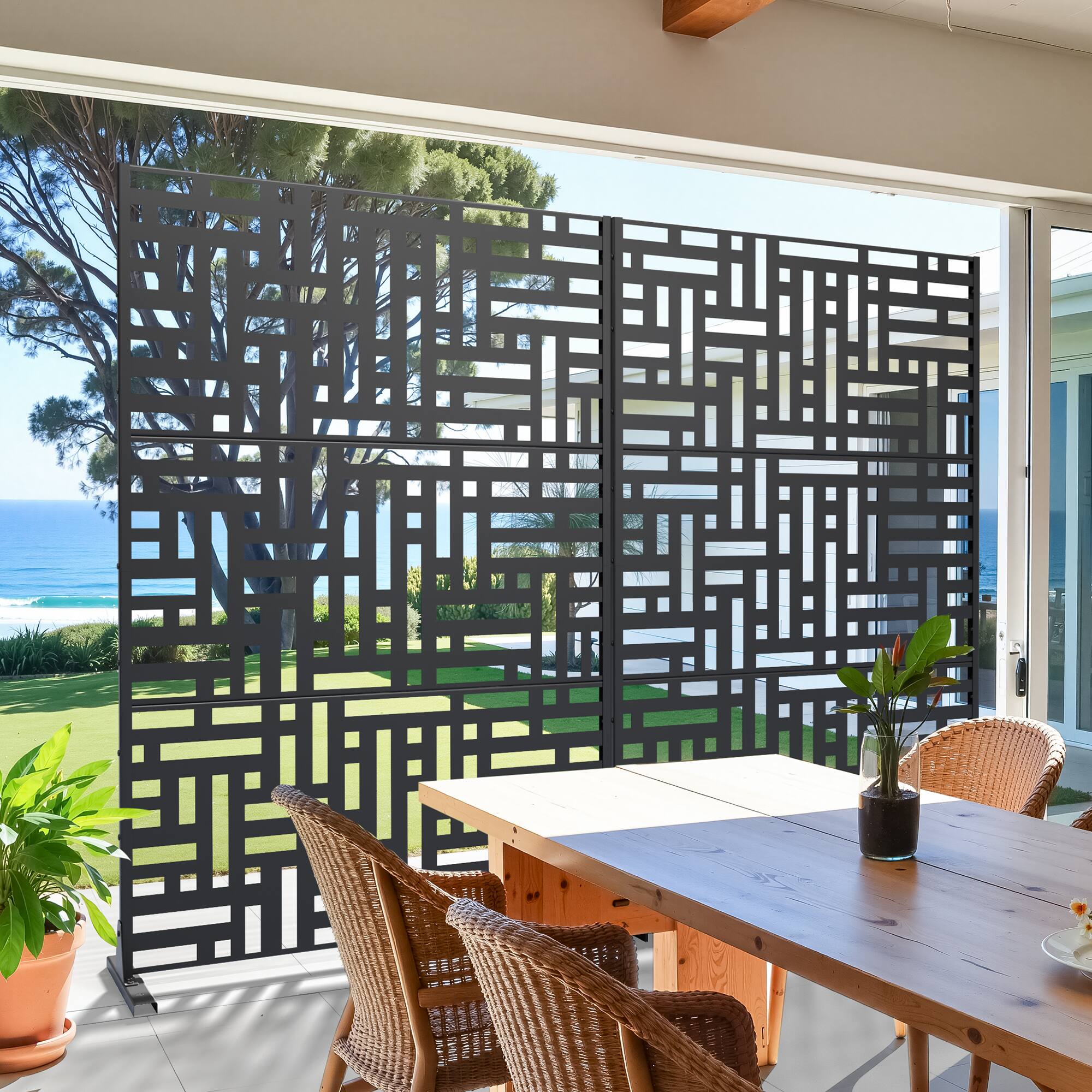 Alt View 2. PexFix - 72 in. x 47 in. Helen Pattern Metal Outdoor Privacy Screen & Panels, Freestanding Garden Divider Fence - Black.