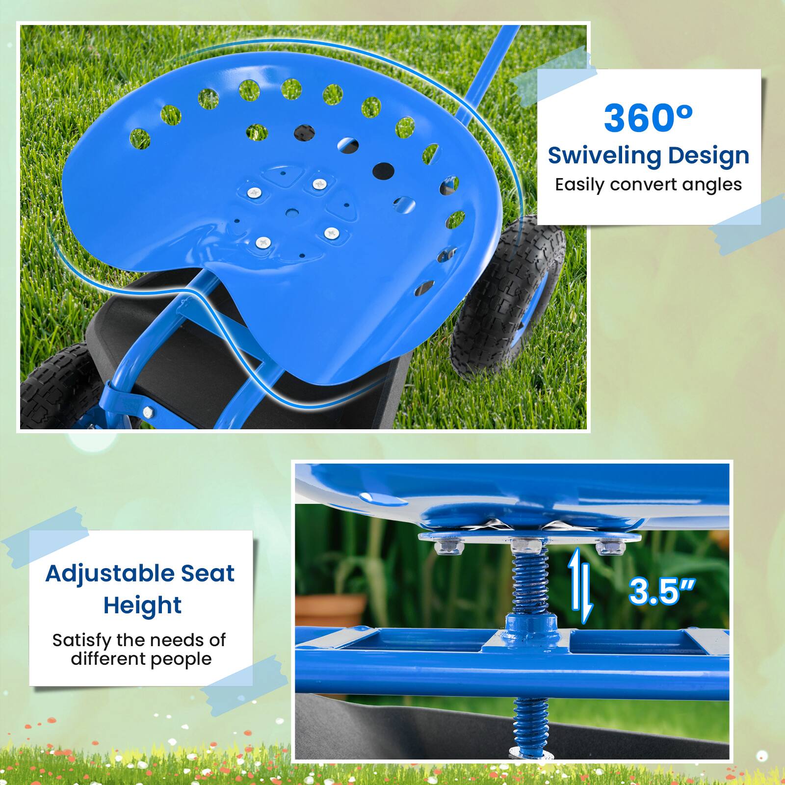 360° Swiveling Design  
Easily convert angles  

Adjustable Seat Height  
Satisfy the needs of different people  

3.5"