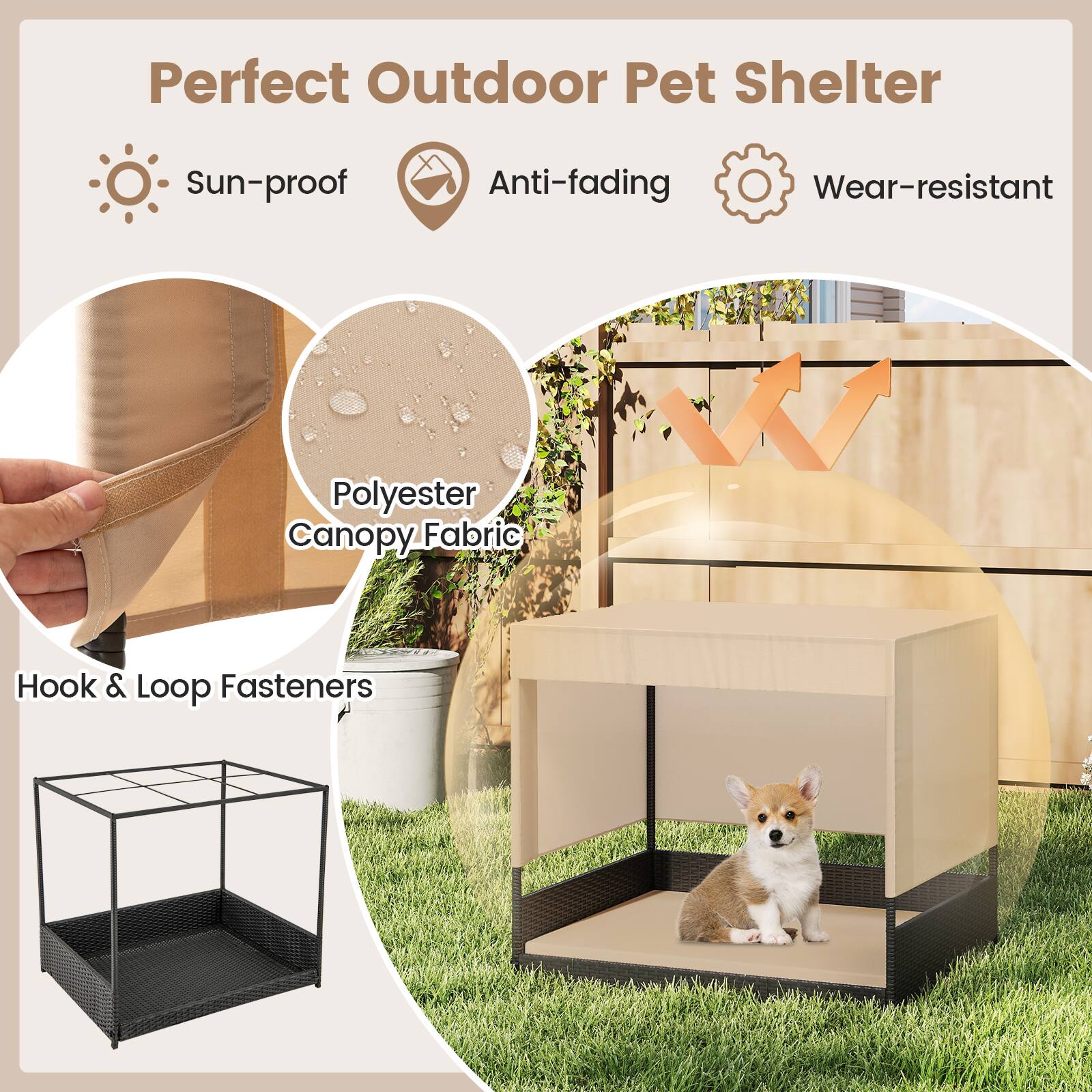 Perfect Outdoor Pet Shelter

- Sun-proof
- Anti-fading
- Wear-resistant

Polyester Canopy Fabric

Hook & Loop Fasteners