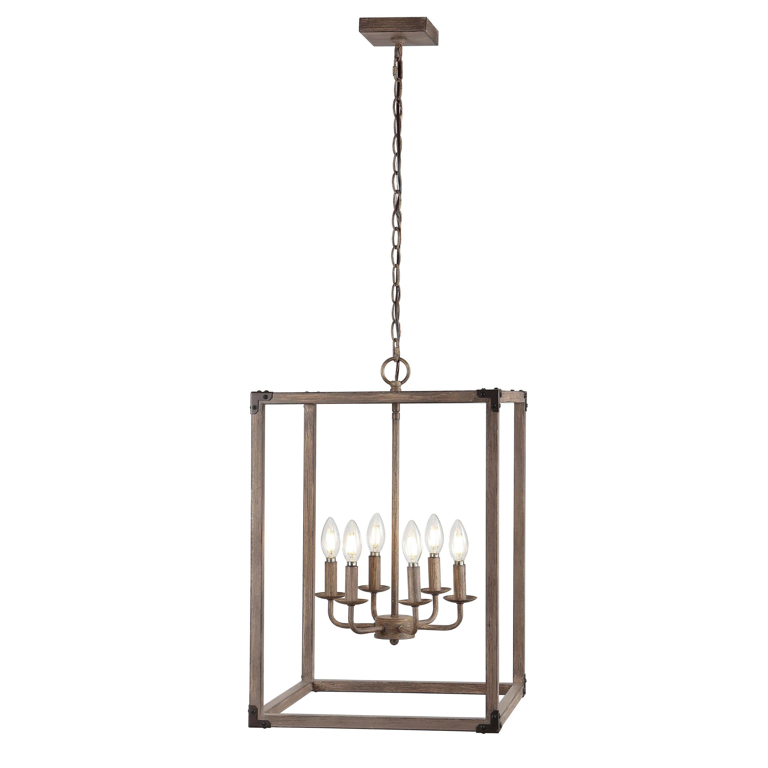 Front. Jonathan Y - Magnolia 16.2" 6-Light Adjustable Iron Rustic Farmhouse LED Pendant, Brown - Brown.